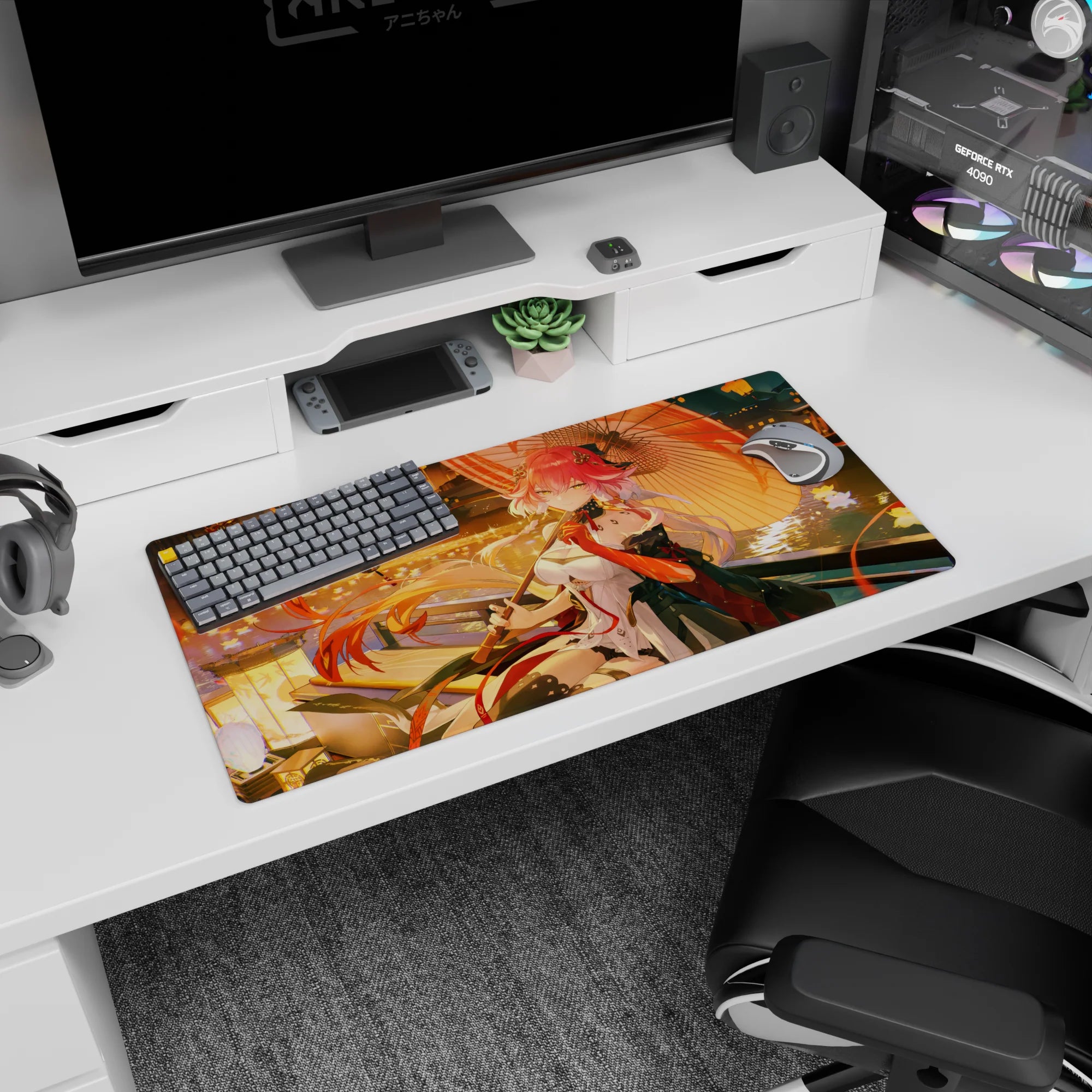 32x16 inches anime mouse pad featuring pink-haired girl in white dress, kimono jacket, red gloves by water.