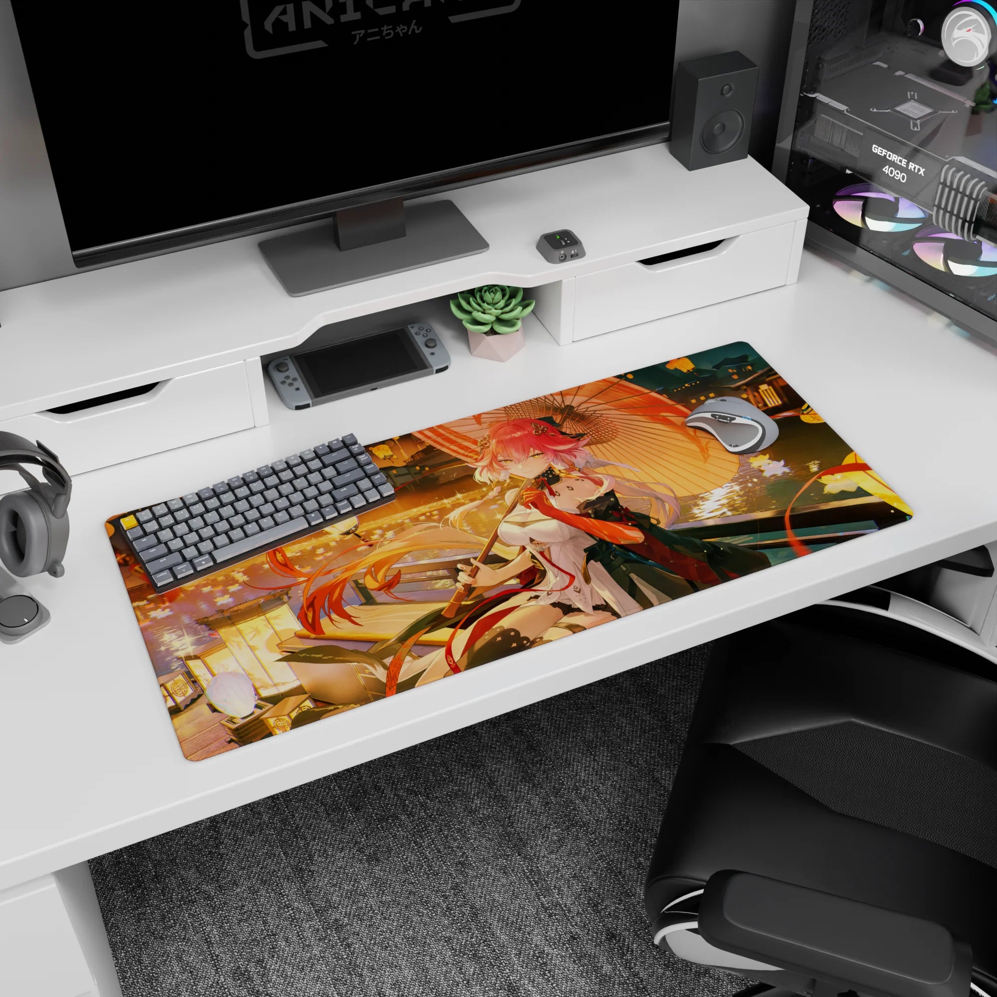 Pink-haired anime girl by rippling river with paper umbrella and red ribbons, desk pad 36x16 inches.