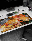 Pink-haired anime girl desk pad 40x20 inches lounging by river with paper umbrella and red ribbons.