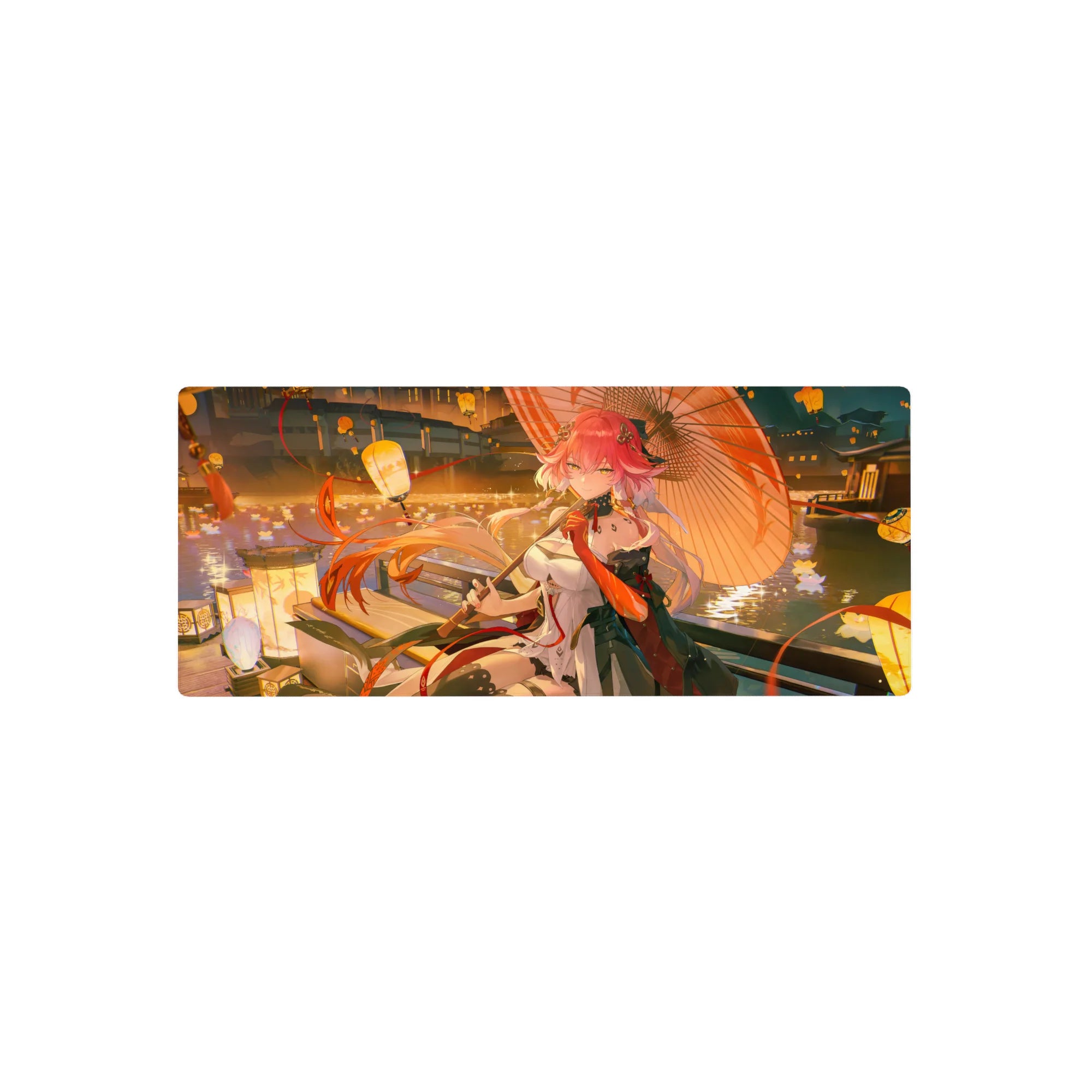 28x12 inches anime girl mouse pad with lantern-lit riverside, umbrella, ribbons, and floating blooms.
