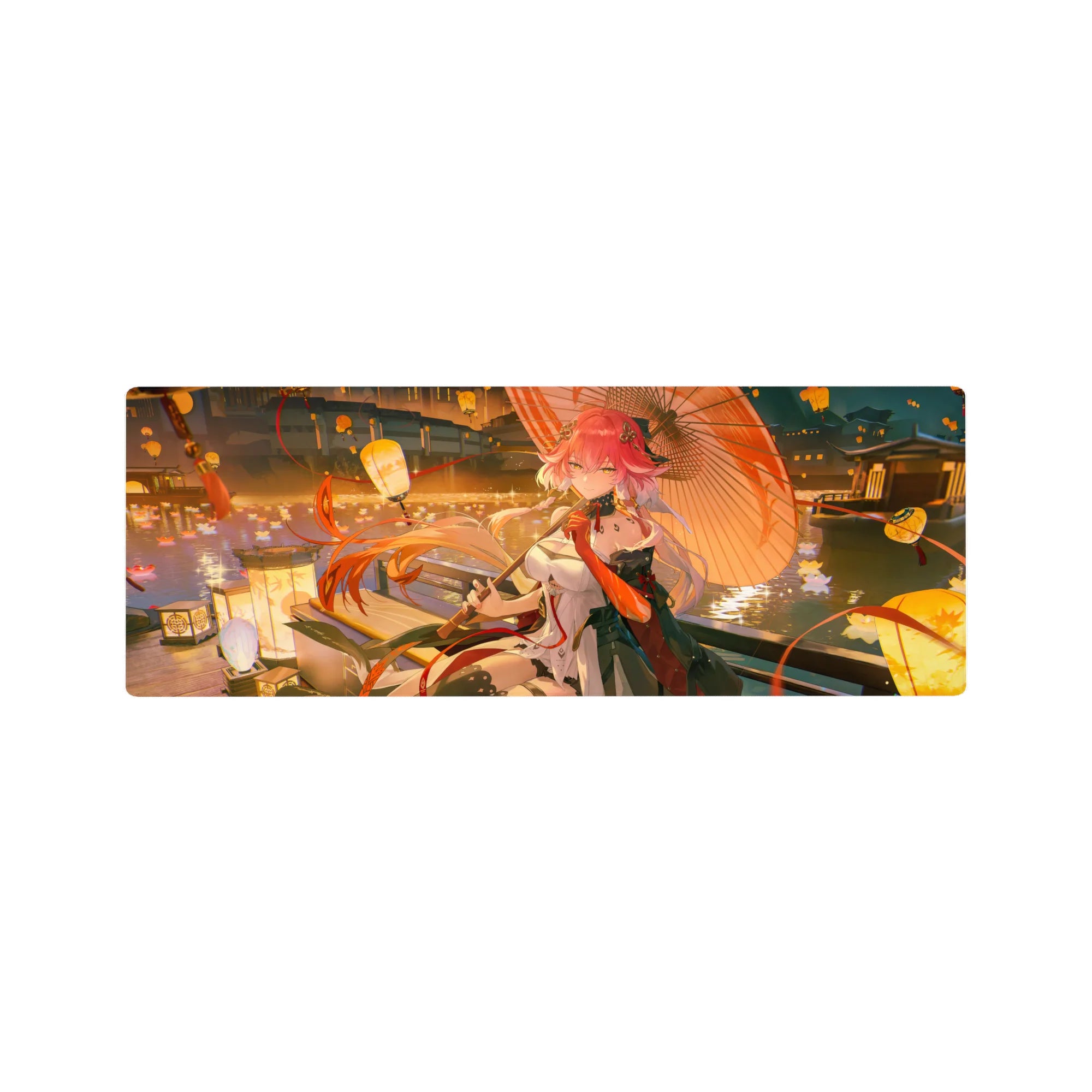 32x12 inches anime girl mouse pad with pink-haired beauty by a lantern-lit river and umbrella.