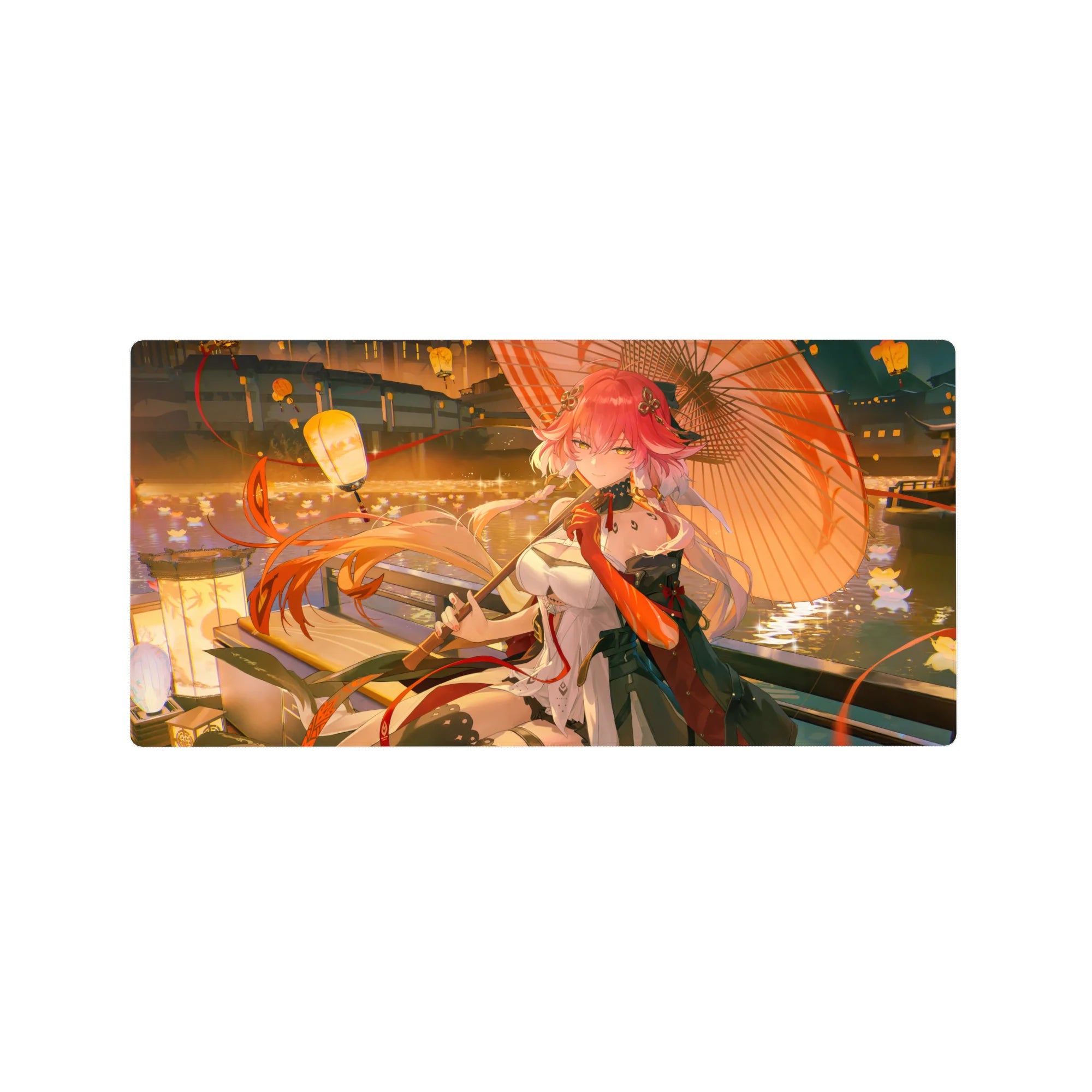 32x16 inches anime girl mouse pad with pink-haired beauty by lantern river, umbrella, ribbons, blooms.