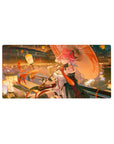 32x16 inches anime girl mouse pad with pink-haired beauty by lantern river, umbrella, ribbons, blooms.