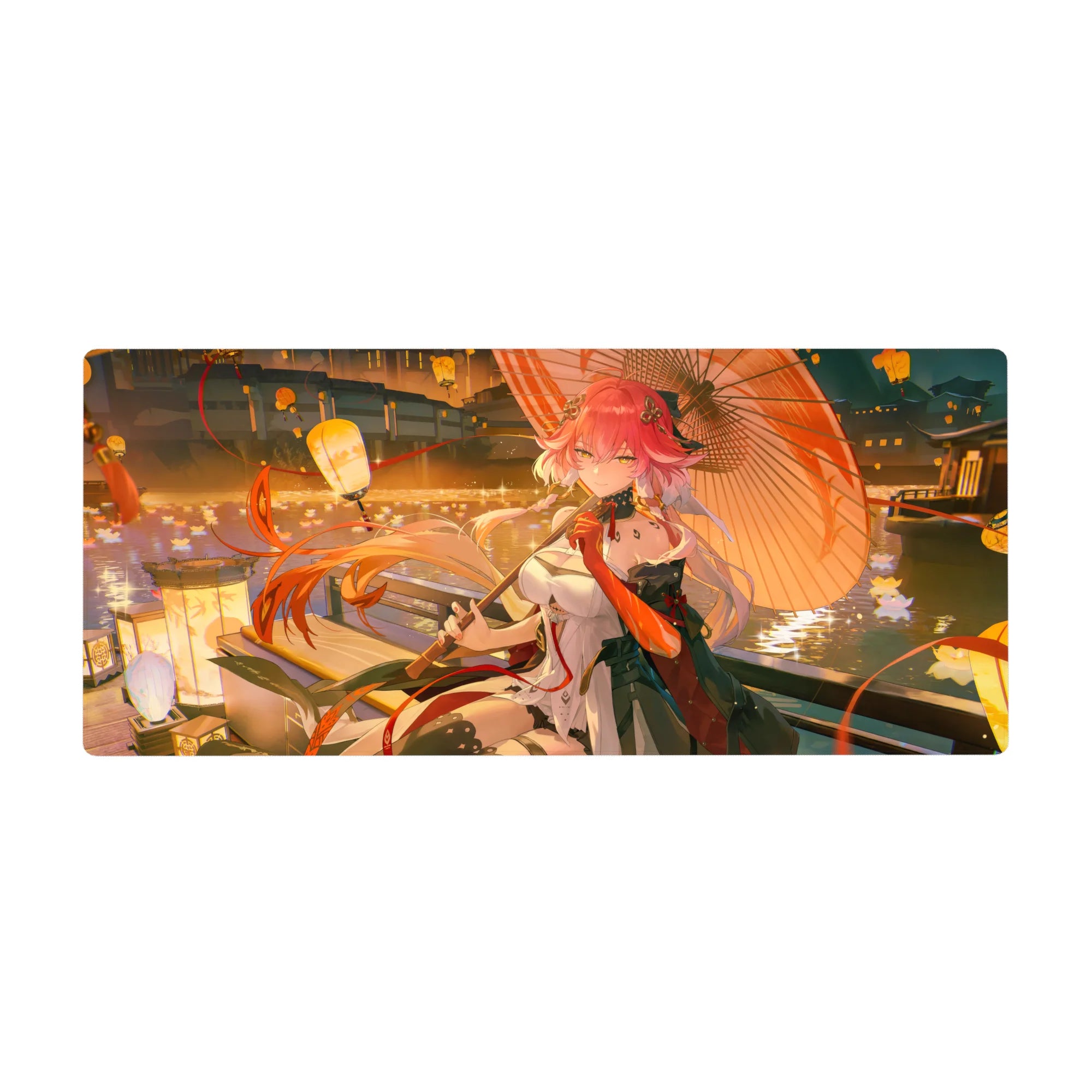 Anime girl desk pad 36x16 inches with river lanterns, pink-haired beauty, umbrella, kimono jacket.
