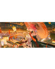 Anime girl desk pad 36x16 inches with river lanterns, pink-haired beauty, umbrella, kimono jacket.