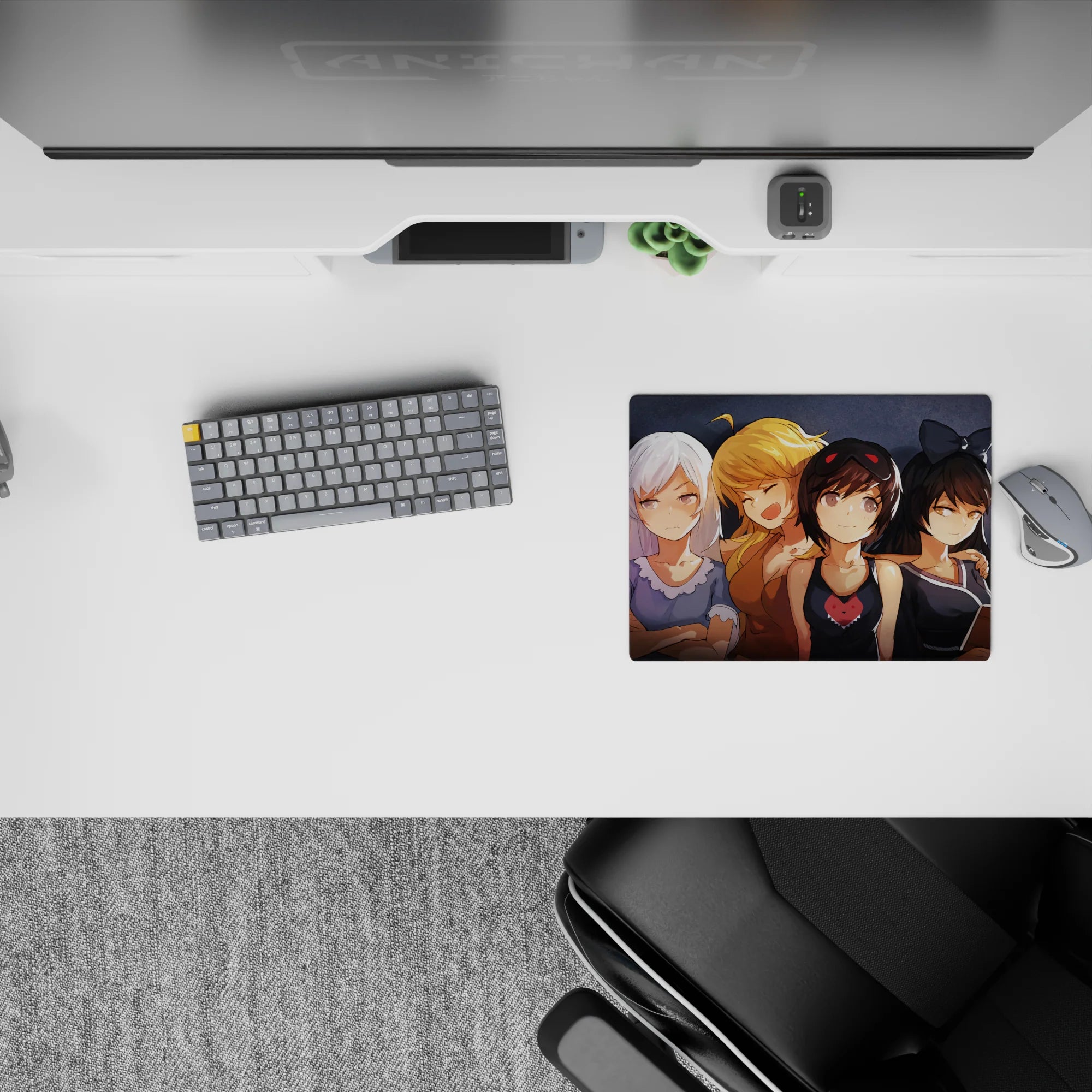 Cozy anime girl mouse pad 14x10 inches in dark gray, with silver, blonde, and brown-black hair pops.