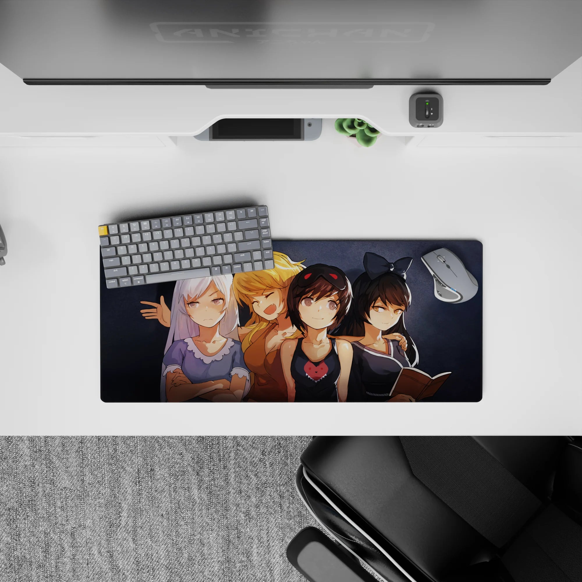28x12 inches anime mouse pad with a cute, cozy vibe, silver blonde and dark hair popping on gray.