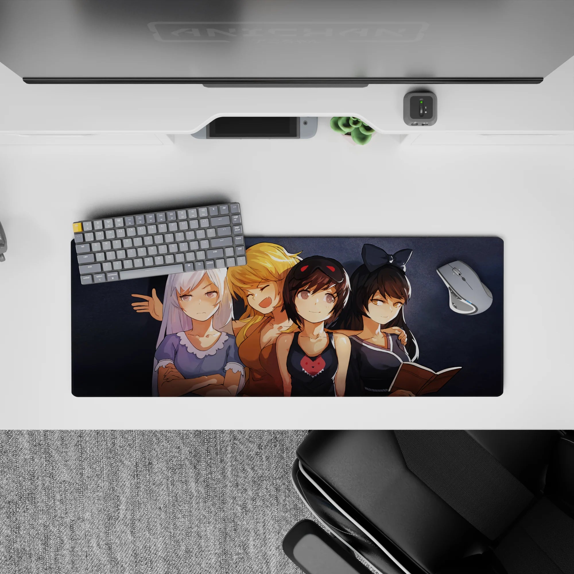 32x12 inches desk mat with icy silver, blonde, and dark hair anime girls; warm, playful cozy vibe.
