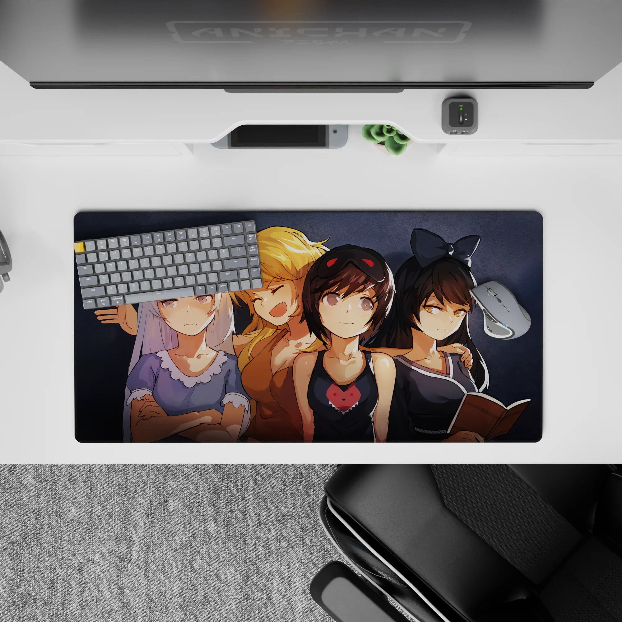 32x16 inches anime girl desk mat in cozy dark tones, with silver, blonde, and brown-black hair and a red heart wink.