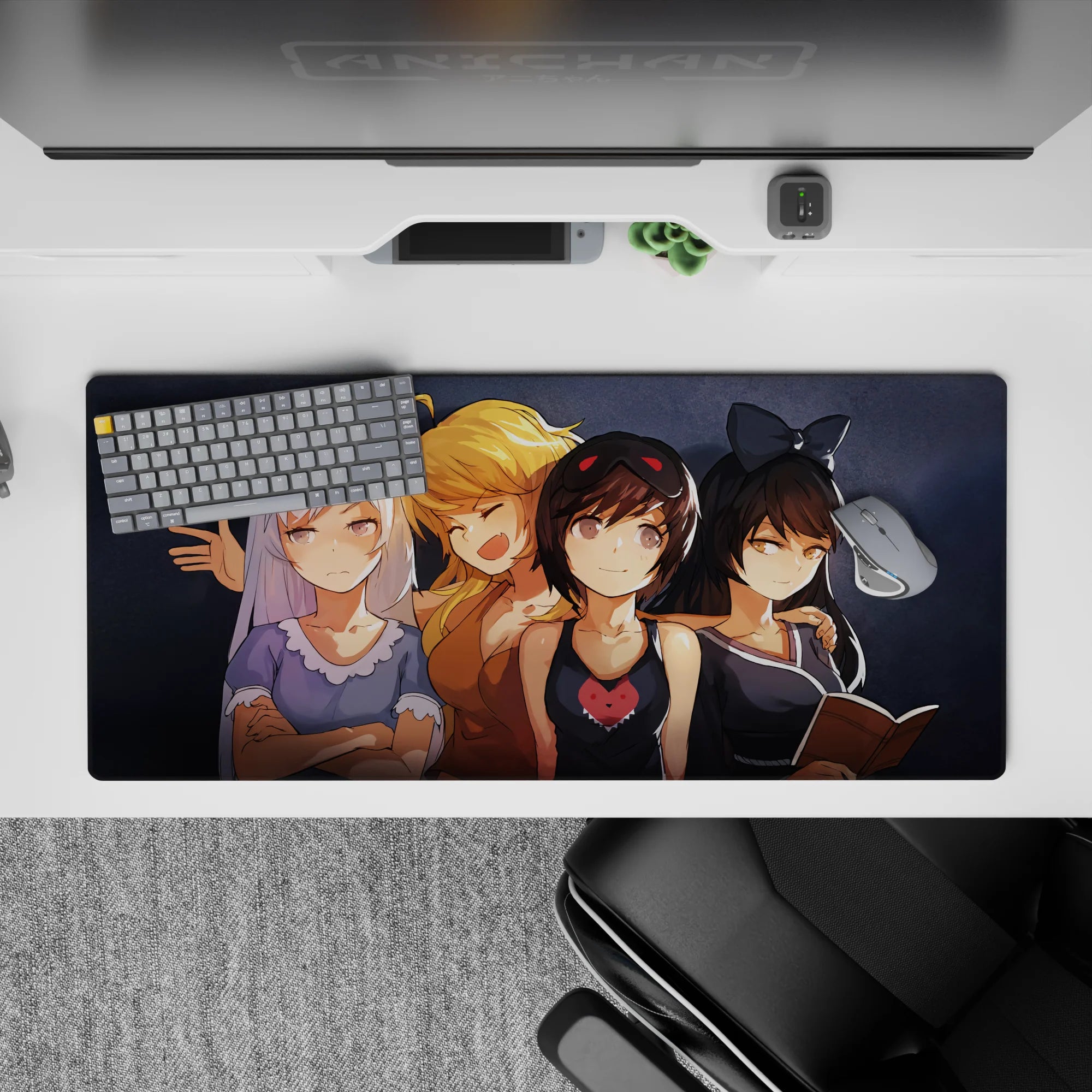 36x16 inches anime desk pad in smoky dark-gray with silver, blonde, and brunette hair, cozy vibe.