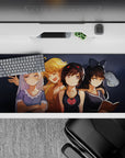 36x16 inches anime desk pad in smoky dark-gray with silver, blonde, and brunette hair, cozy vibe.