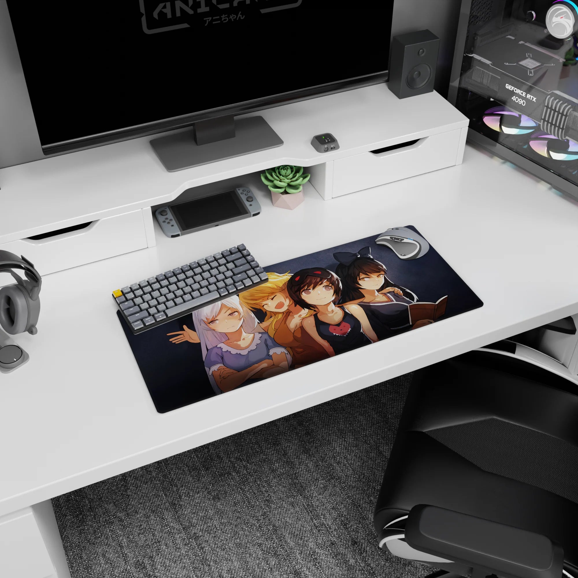 28x12 inches anime girl mouse pad showing a four-girl friend group scene with a red heart wink.