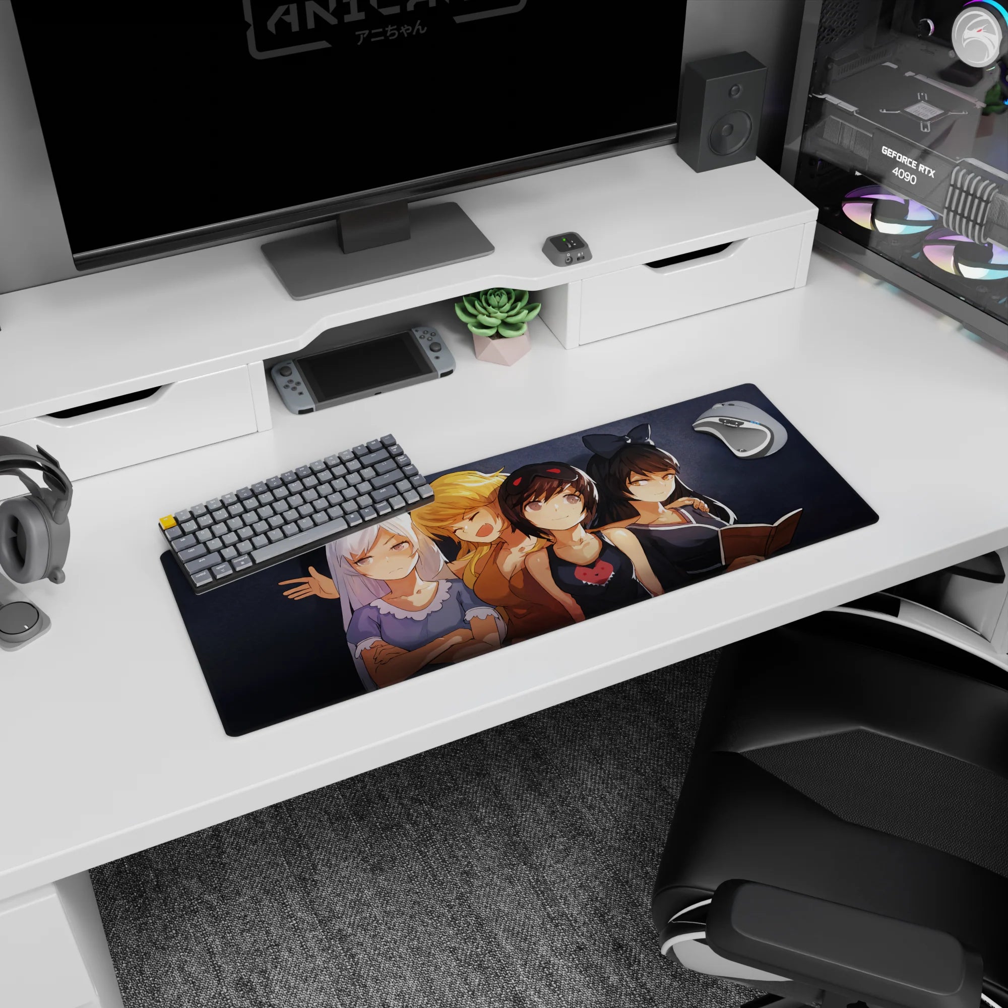 32x12 inches anime mouse pad showing four friends by the keyboard, cute outfits and a red heart wink.