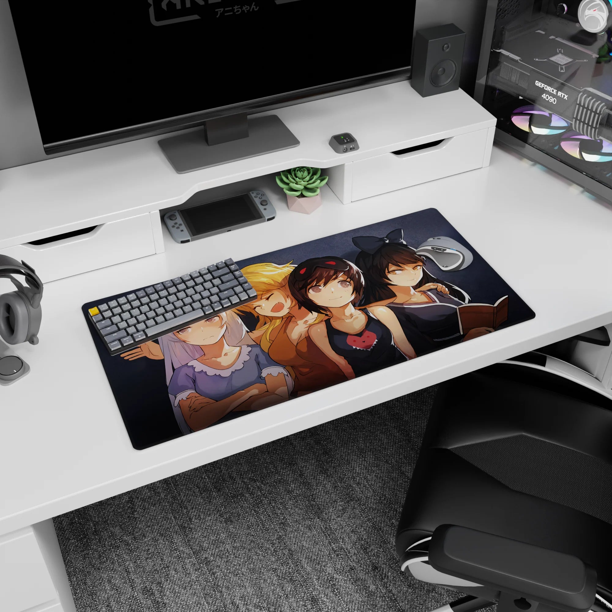 32x16 inches anime girl mouse pad showing four friends hanging out, cute outfits, one girl winking with a red heart.