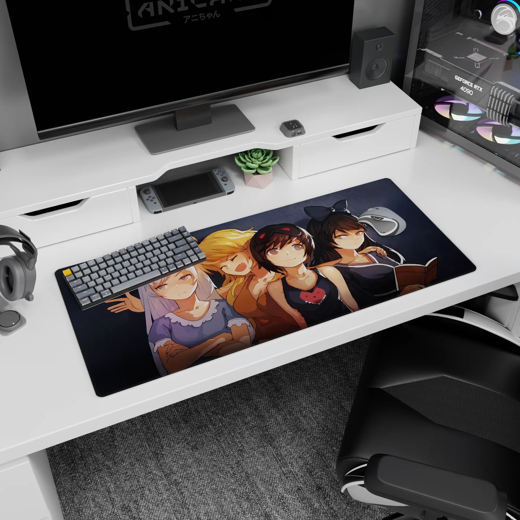 36x16 inches anime girl desk pad showing a four-girl friend group hanging by your keyboard, playful scene.
