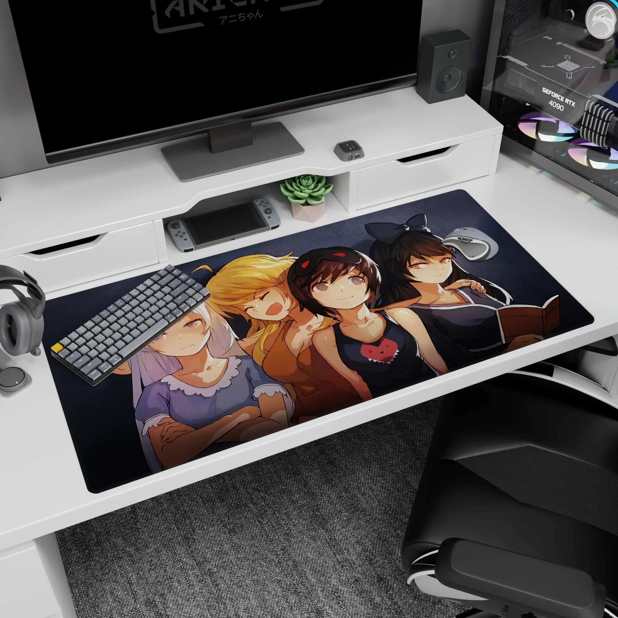 40x20 inches anime girl desk pad showing a four-girl friend group hanging out by your keyboard, playful outfits.