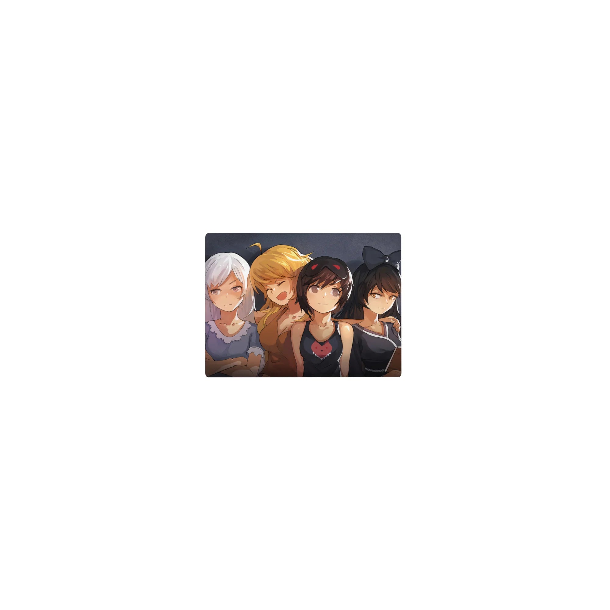 Classic anime girl mouse pad 14x10 inches with four cute girls on a smoky dark-gray background.