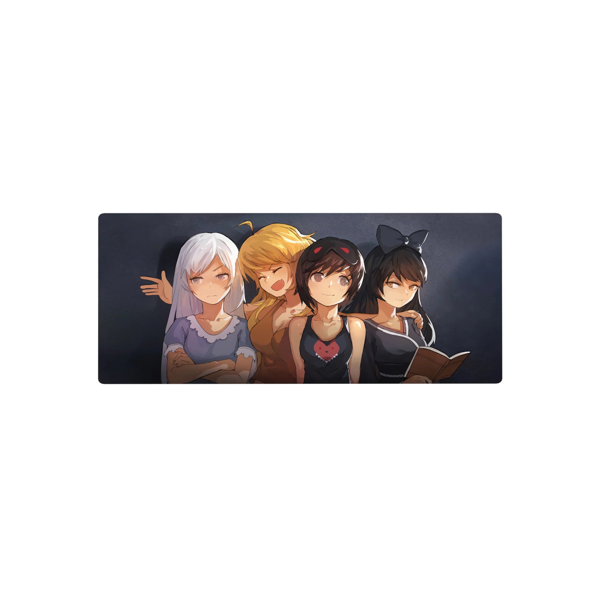 28x12 inches anime girl mouse pad with four cozy anime girls on a smoky dark-gray background.