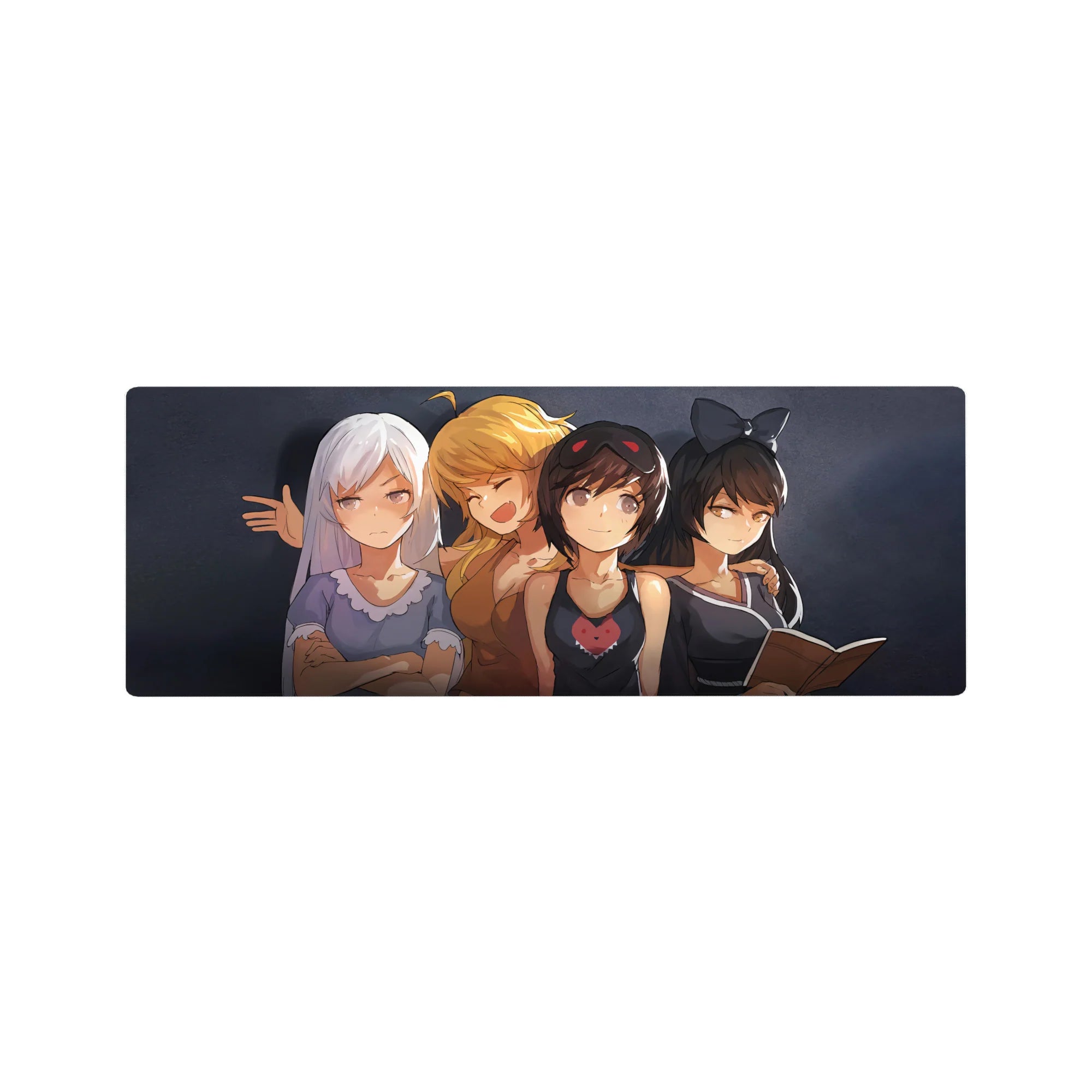 32x12 inches anime girl mouse pad featuring four cozy anime girls on a smoky dark-gray background.