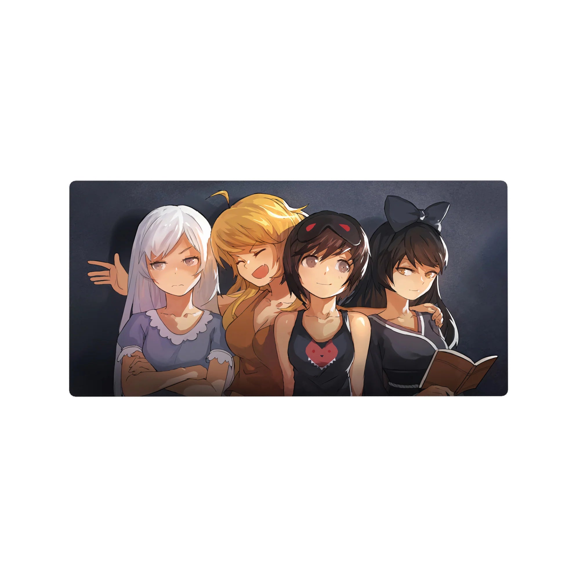 32x16 inches anime girl mouse pad with four cute girls on a smoky dark-gray background by the keyboard.