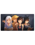 32x16 inches anime girl mouse pad with four cute girls on a smoky dark-gray background by the keyboard.