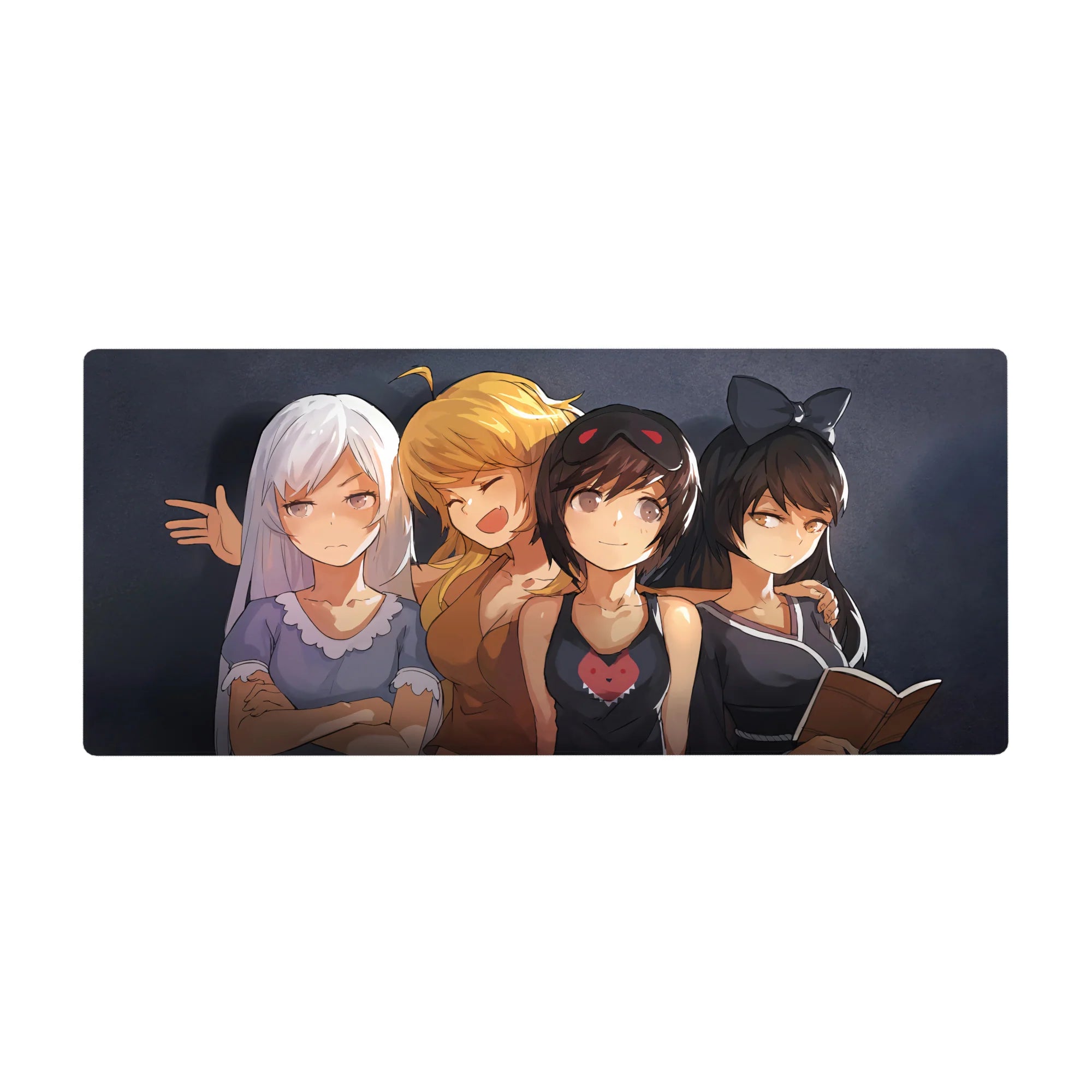 36x16 inches anime girl desk pad with four cute girls, heart wink detail, smooth mouse tracking.