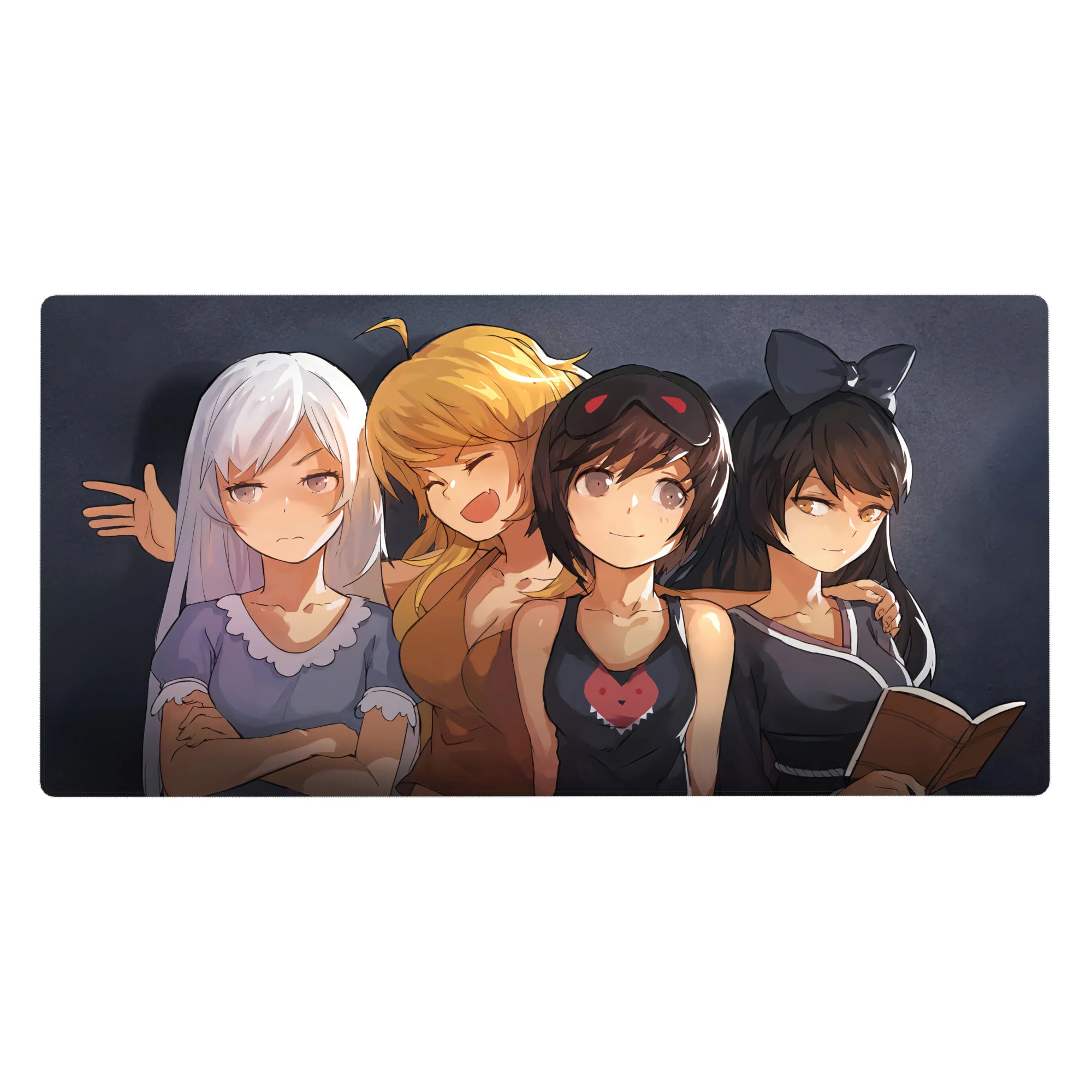 40x20 inches anime girl desk pad with four cute girls on smoky dark-gray background, cozy group vibe.