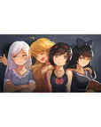 40x20 inches anime girl desk pad with four cute girls on smoky dark-gray background, cozy group vibe.