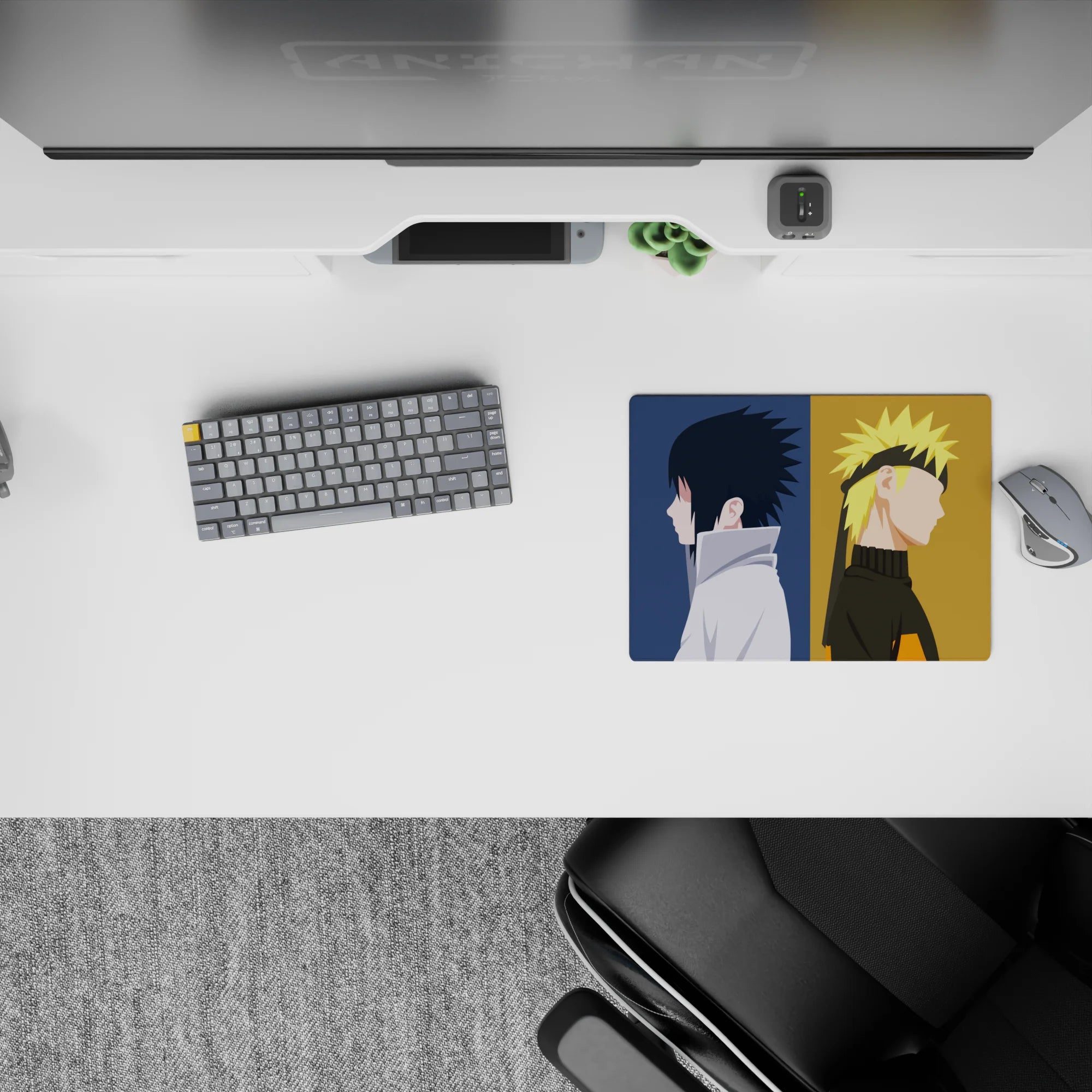 Deep navy and warm gold 14x10 inches anime mouse pad with calm tense vibe and clean minimal art.