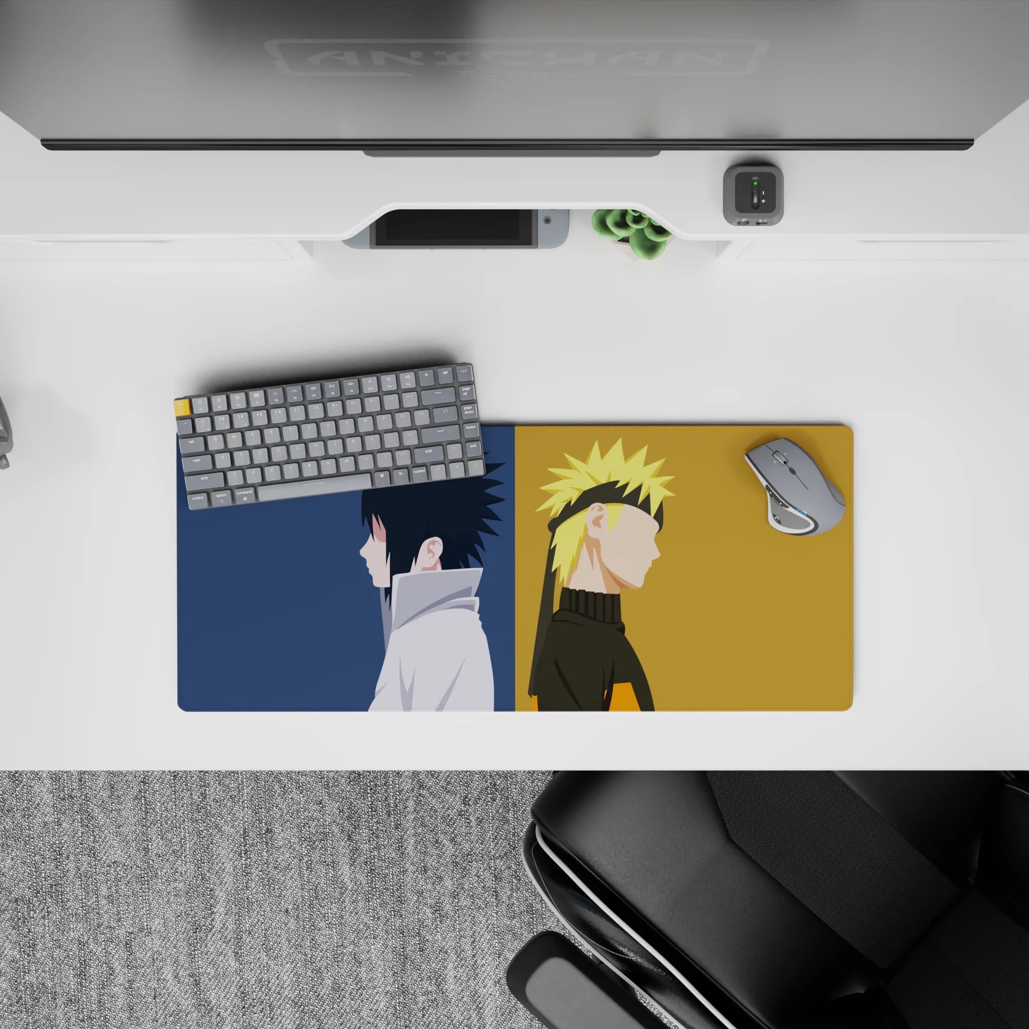 Calm, tense navy-and-gold anime mouse pad 28x12 inches with clean minimal rivalry vibe.