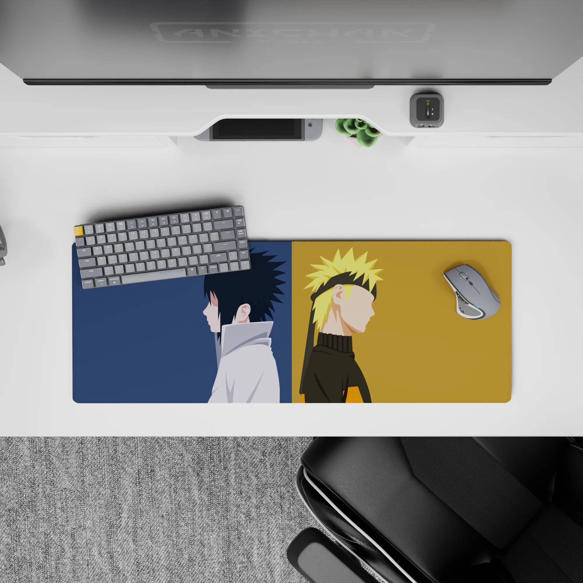 Navy and gold split-panel anime mouse pad 32x12 inches, calm tense mood with clean minimal art.