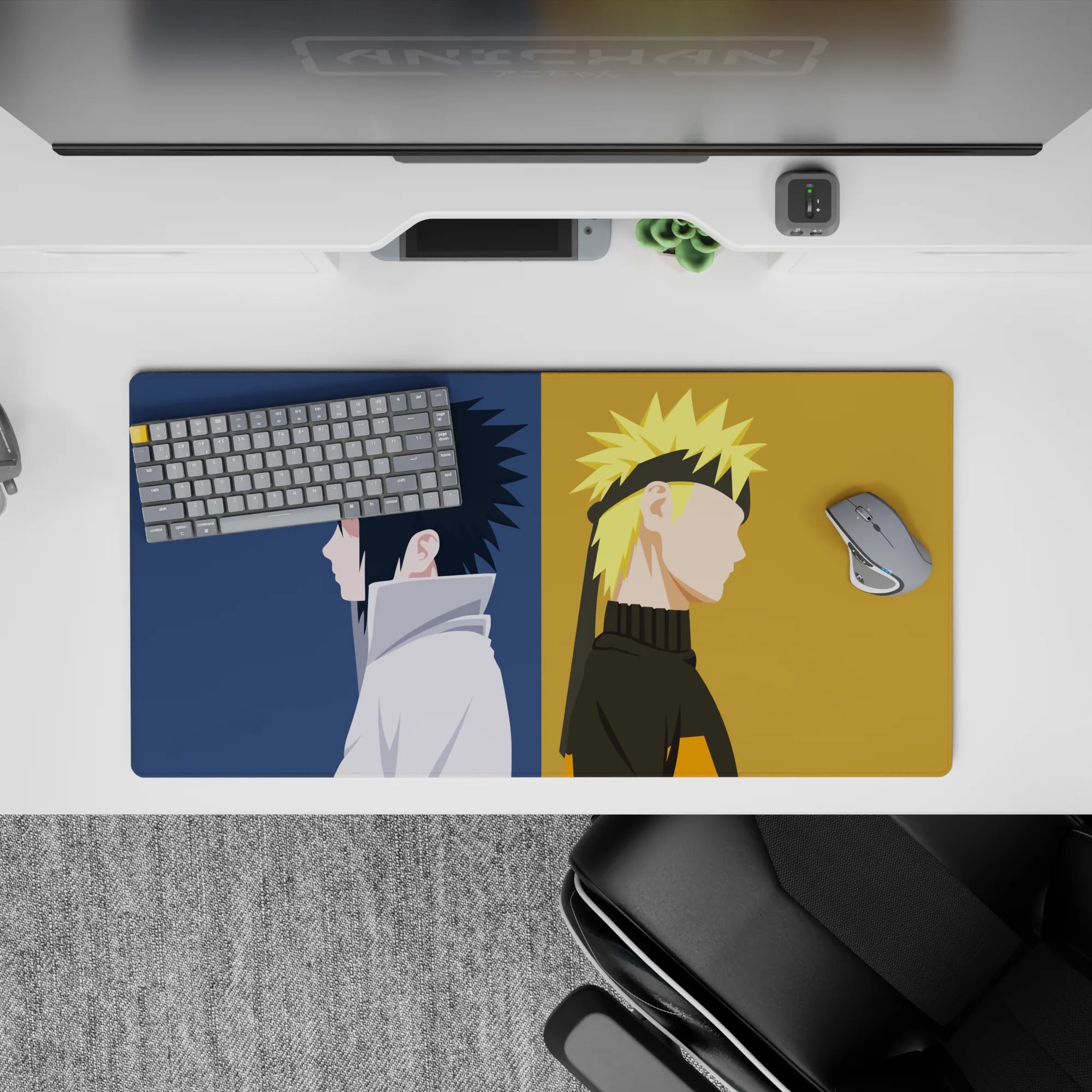 Deep navy and warm gold 32x16 inches anime mouse pad, calm tense vibe with smooth glide control.