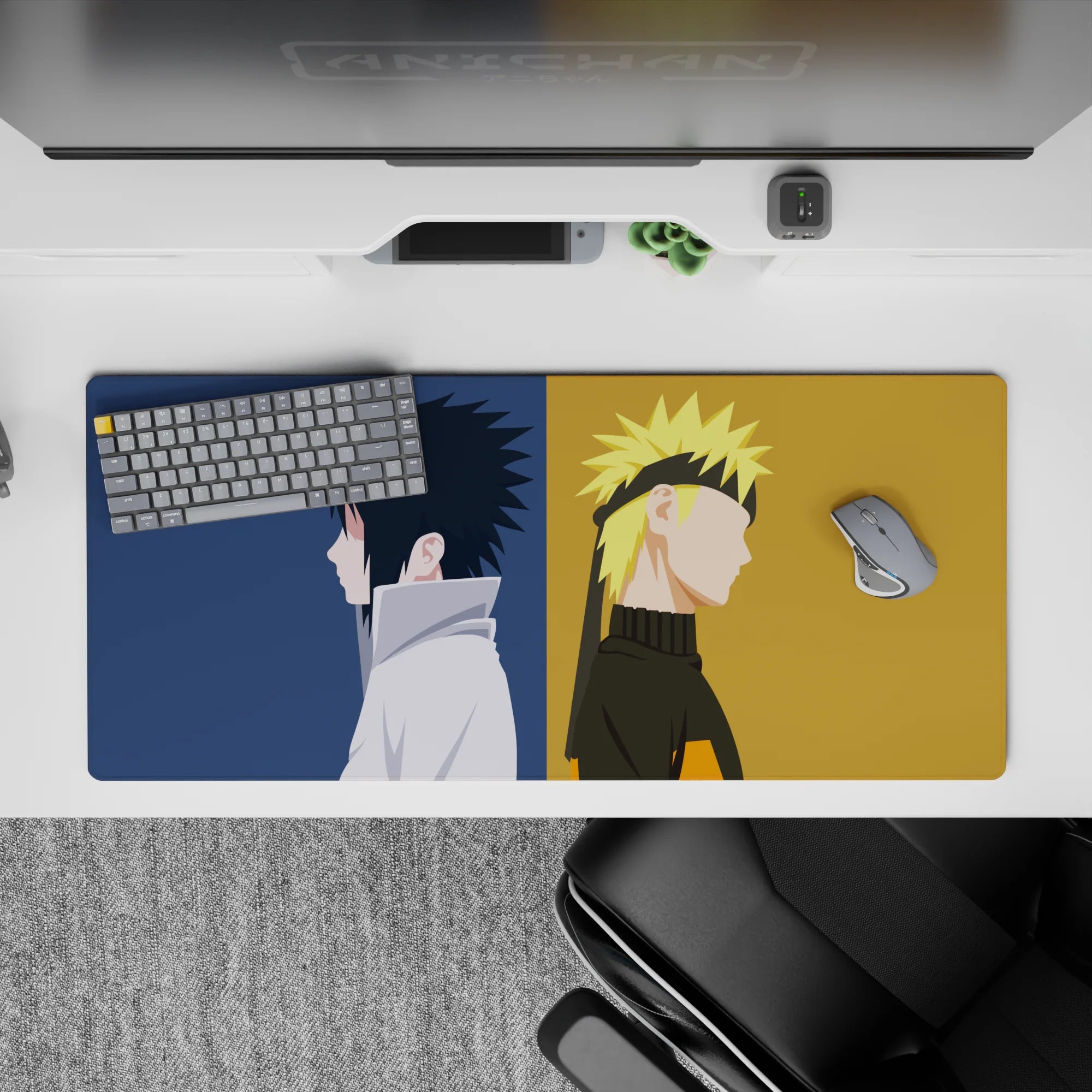 Navy and warm gold anime desk pad 36x16 inches, calm tense rivalry mood, smooth minimalist art.