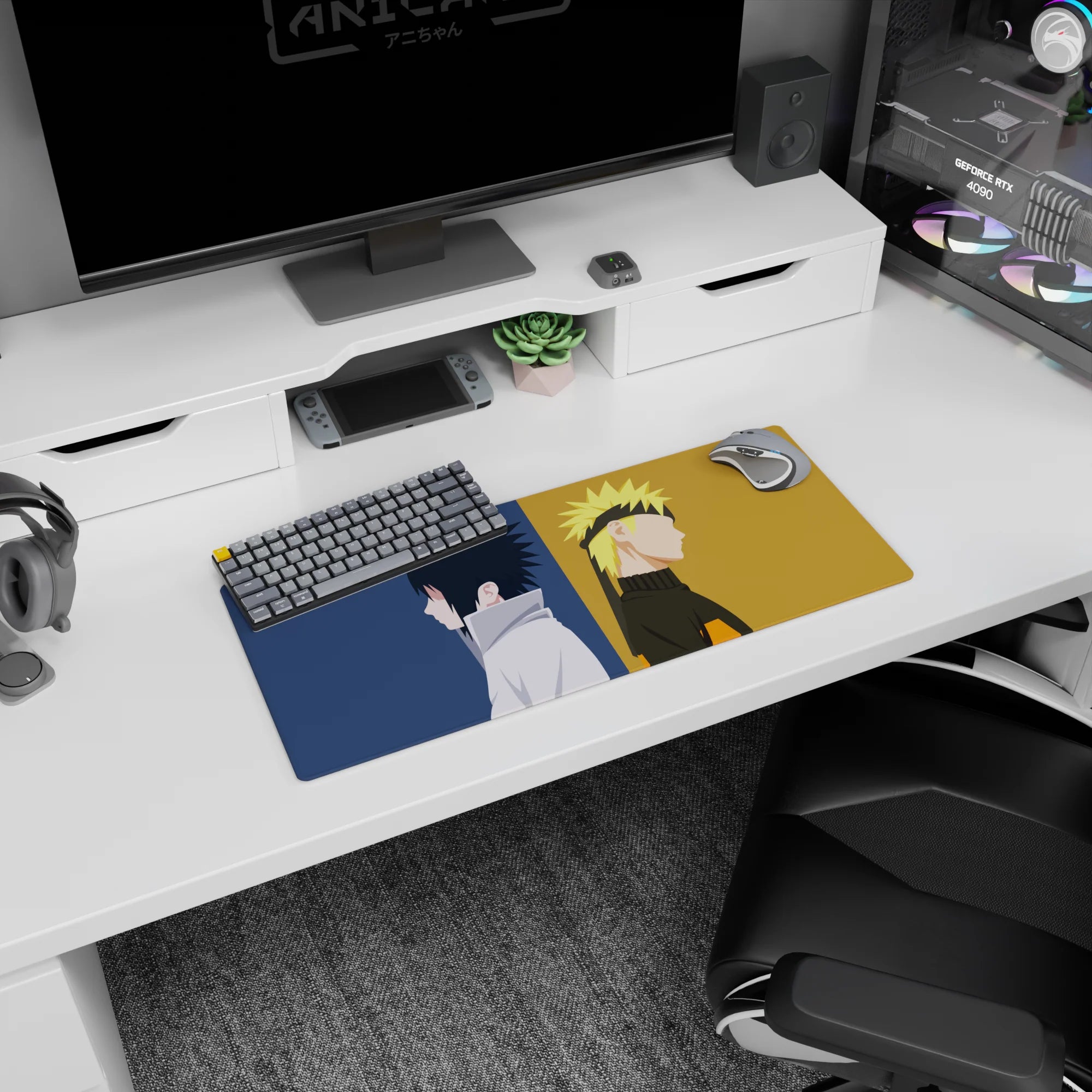 Naruto and Sasuke back-to-back on an anime mouse pad 28x12 inches, bright hair and cool collar.