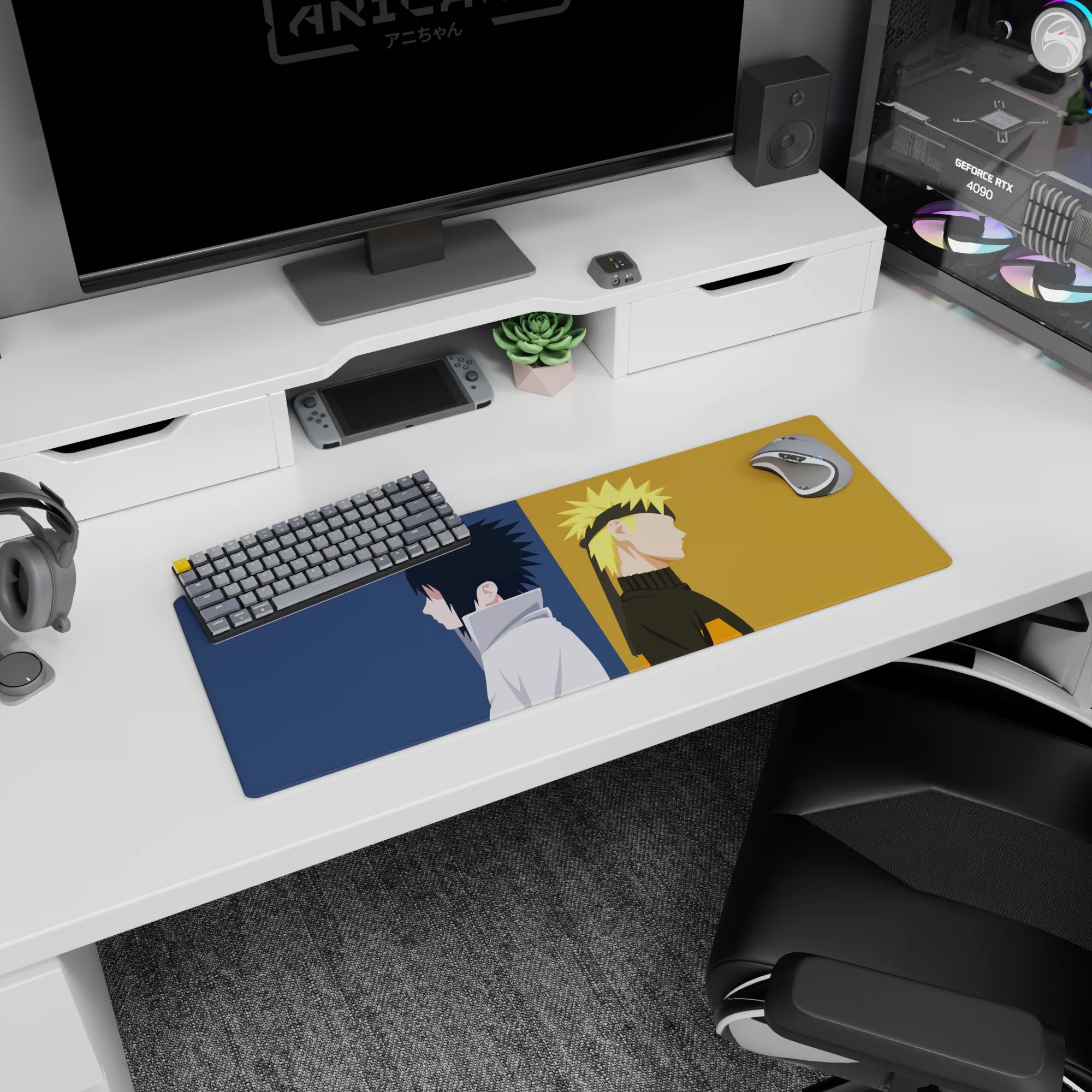 Naruto and Sasuke back to back on extended desk mouse pad 32x12 inches, rivalry duo silhouette scene.