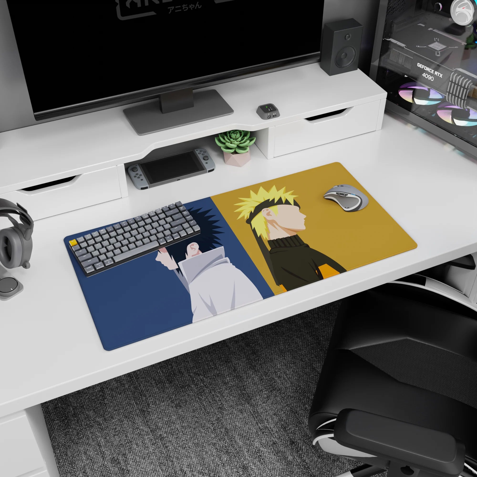 Naruto and Sasuke back-to-back 32x16 inches anime mouse pad, split panels with bold silhouettes.