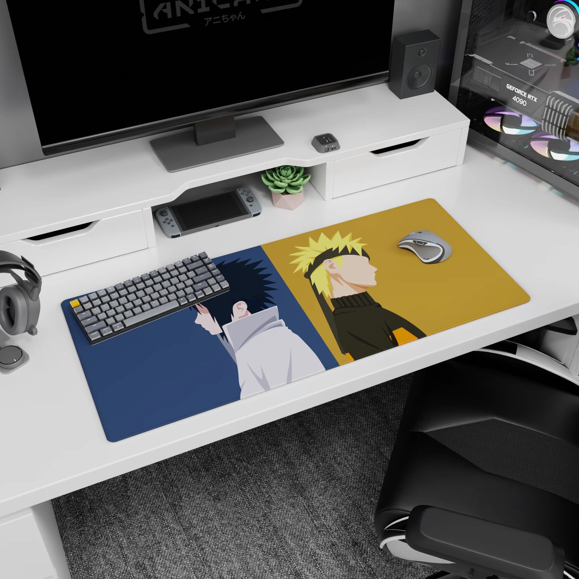 Naruto and Sasuke back-to-back on anime desk pad 36x16 inches, bold silhouettes in split panels.