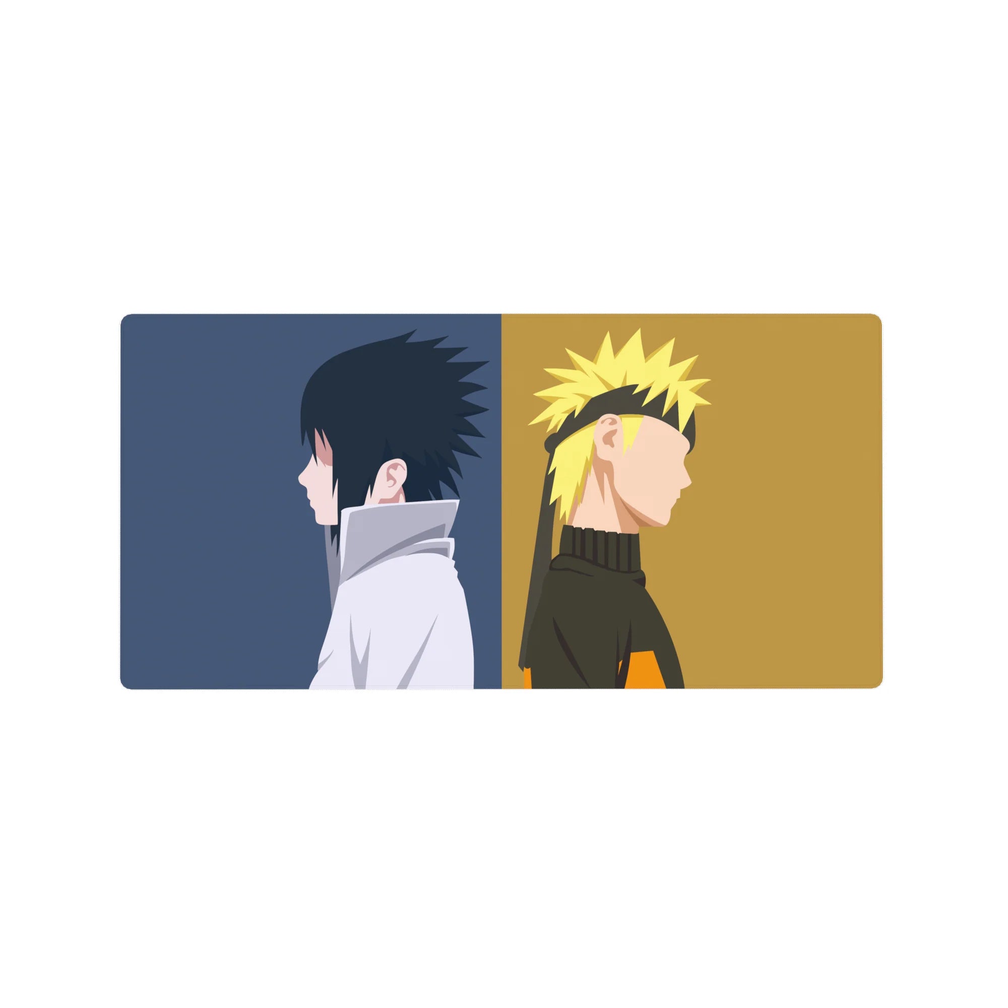 Minimal Naruto Shippuden anime mouse pad 32x16 inches with clean split-panel silhouettes on desk.
