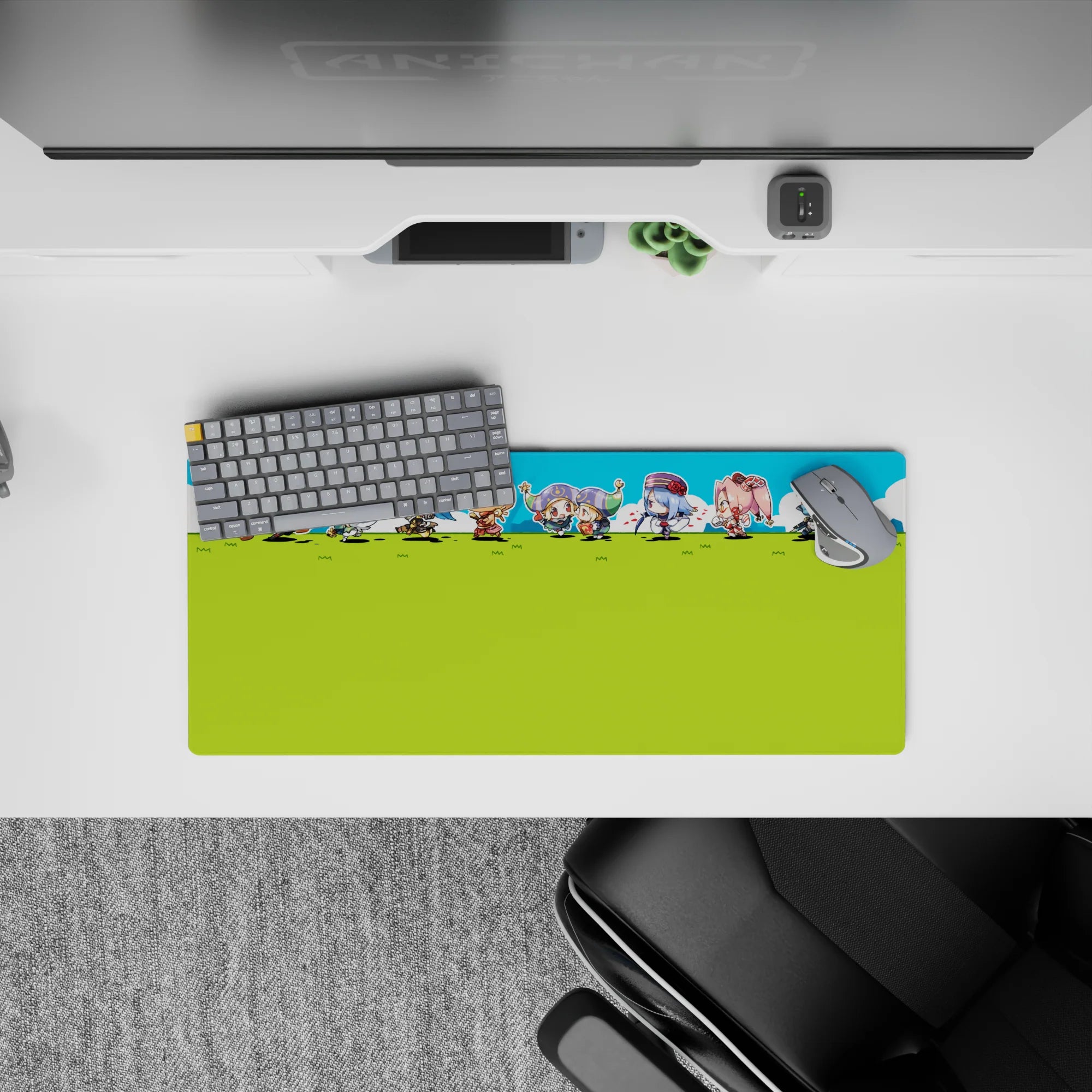 28x12 inches anime mouse pad in bright green and crisp blue, cute chibi battle vibe with playful motion.