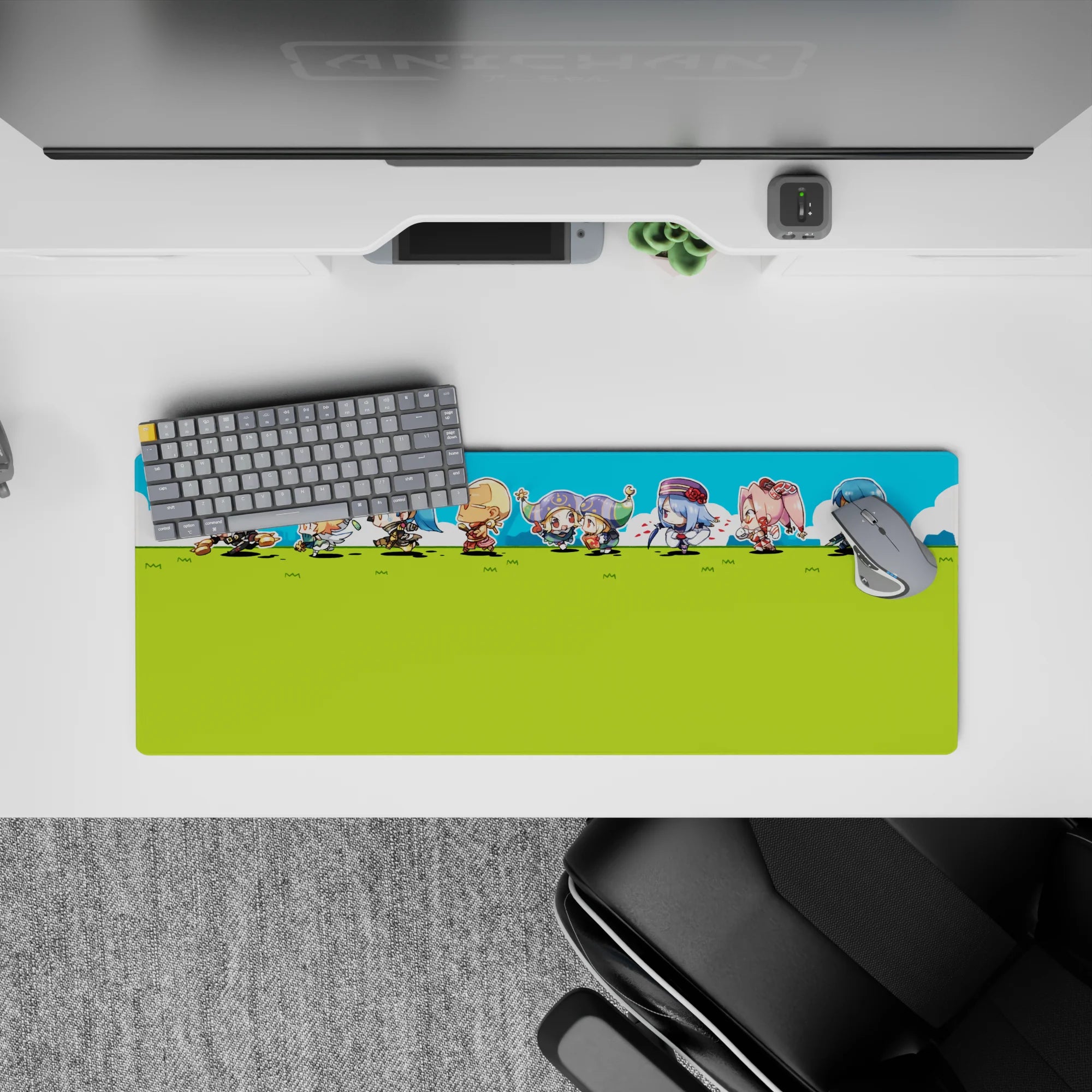 32x12 inches cute anime mouse pad in bright greens and crisp blues, pastel hair, playful marching energy.