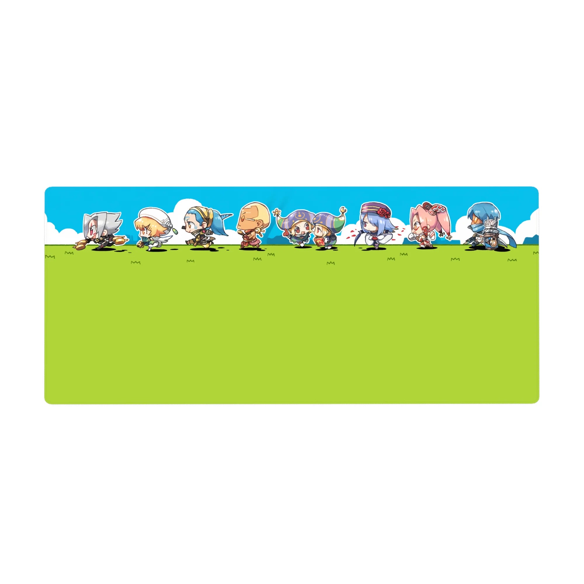 Anime desk pad 36x16 inches with chibi squad sprinting in a side-scroll lineup on a green field.