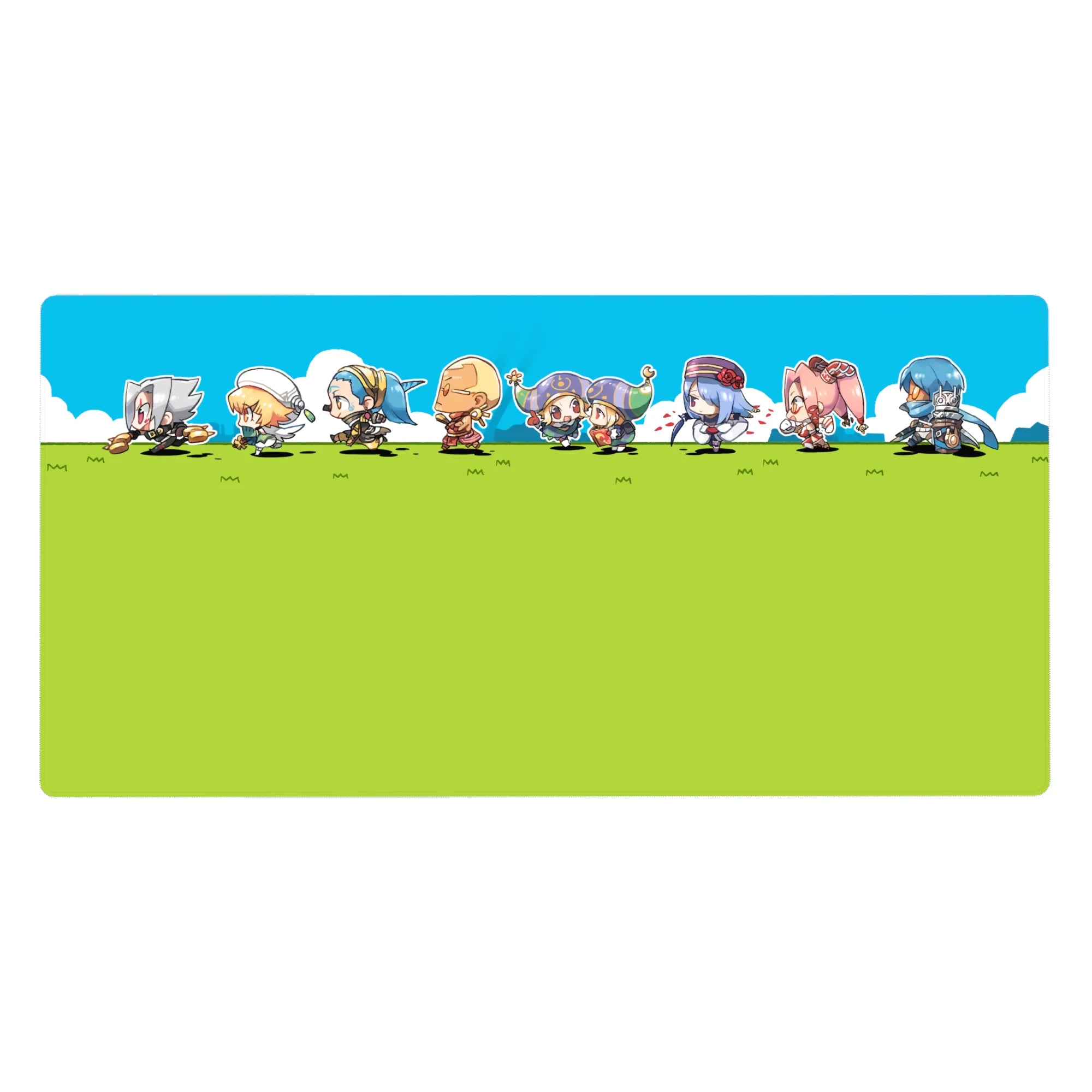 Anime desk pad 40x20 inches with chibi squad sprinting side-scroll on green field under blue sky.