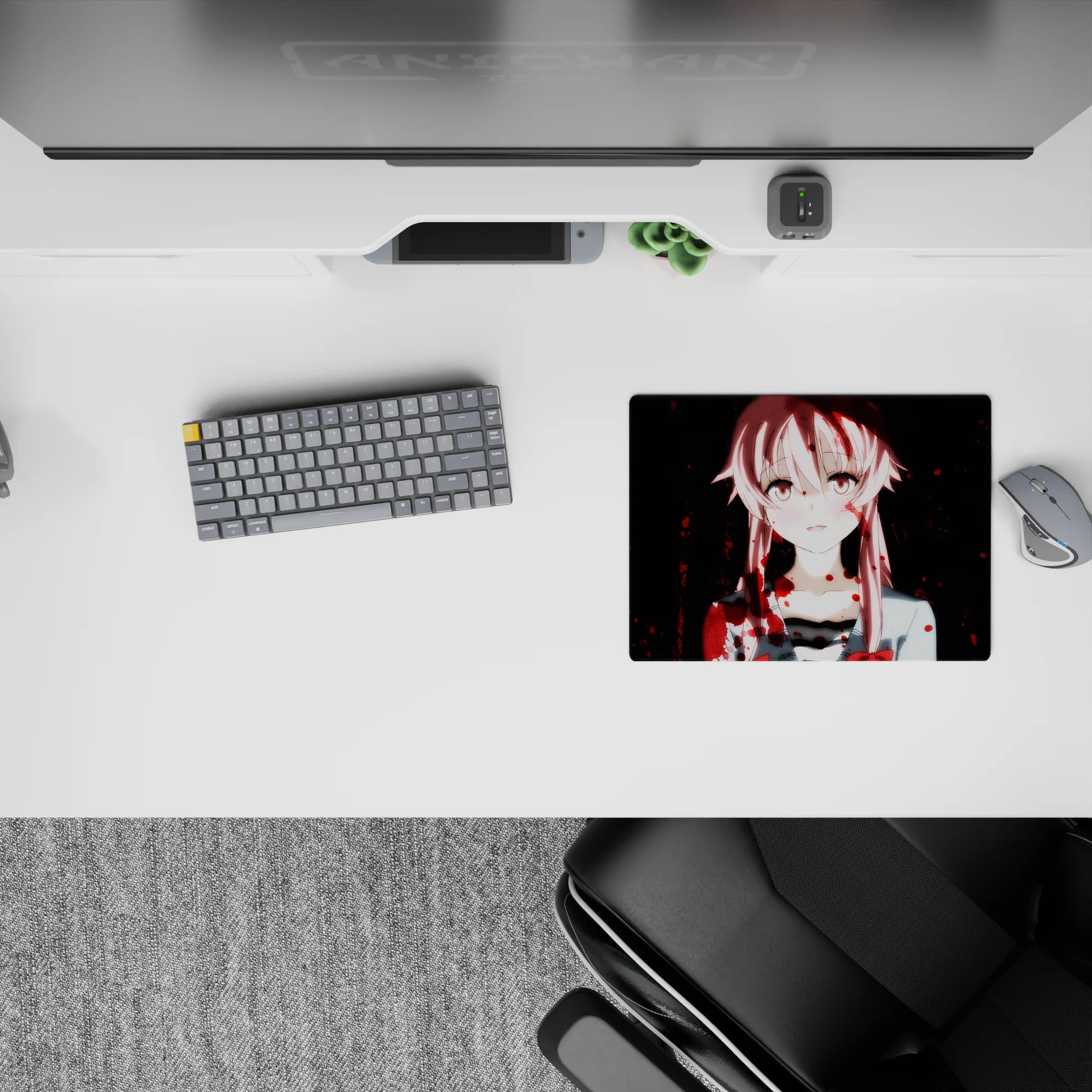 14x10 inches anime mouse pad in soft pinks and deep midnight tones, cute yet chaotic with crimson splashes.