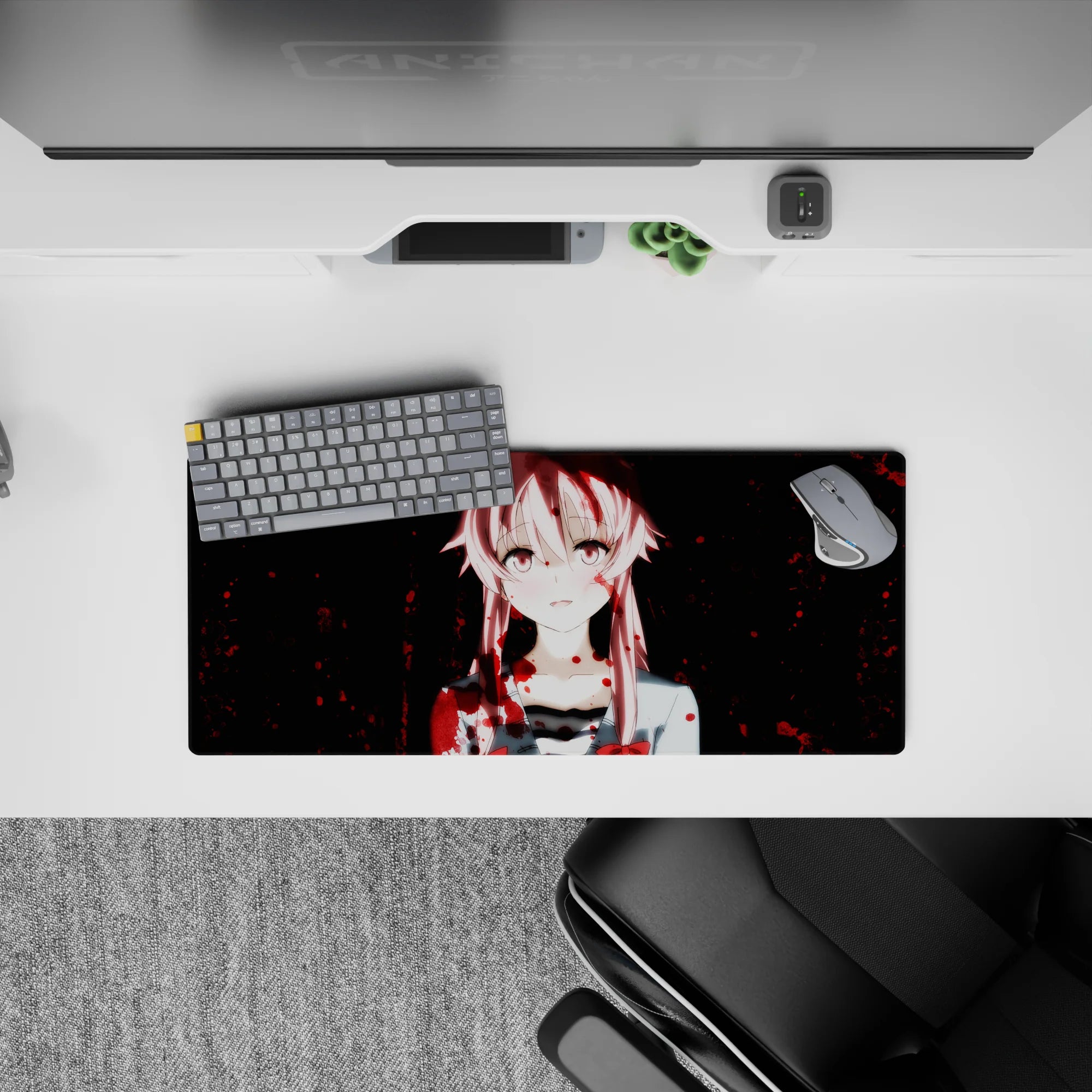 28x12 inches kawaii gore desk mat in soft pink and deep midnight tones with bold red splatter mood.