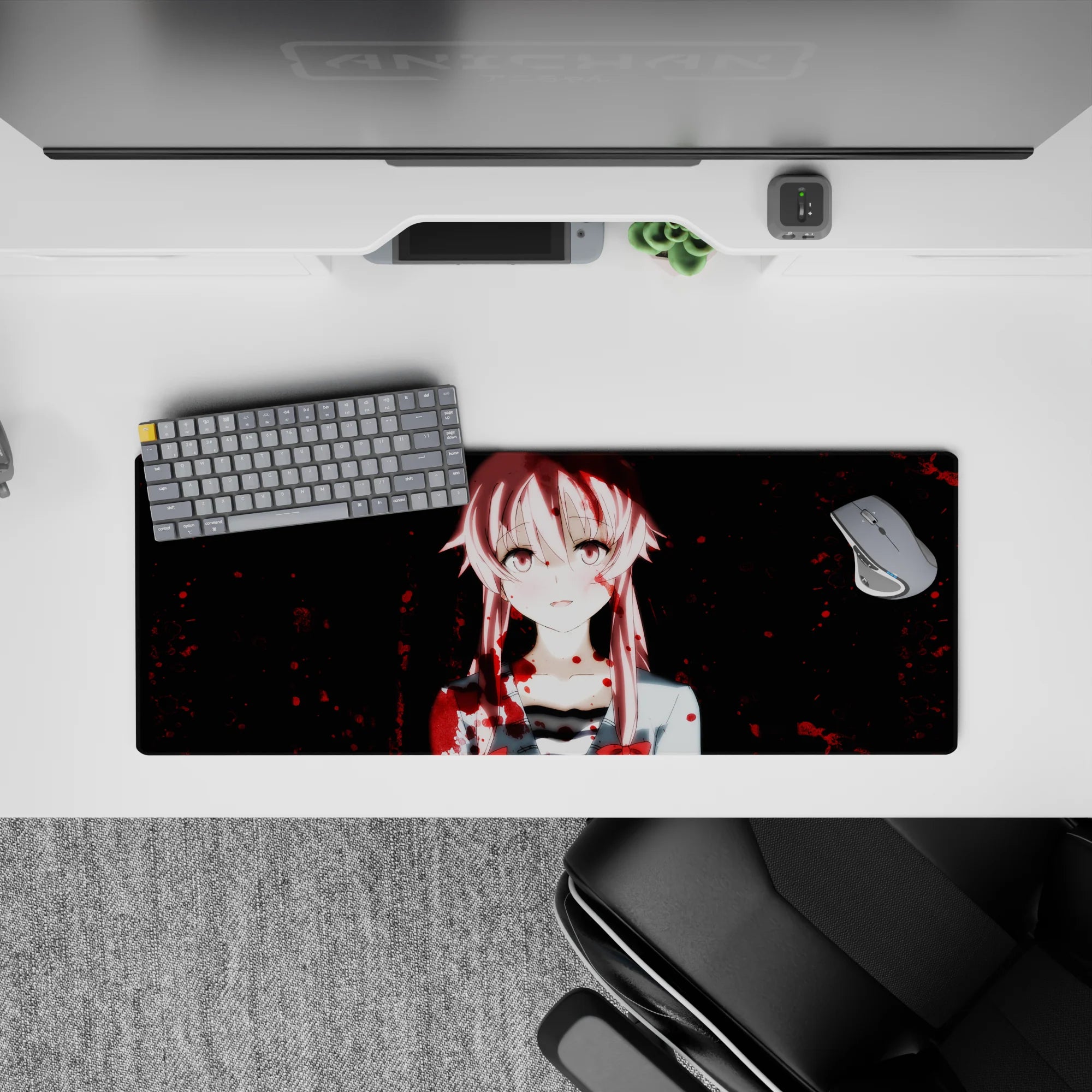 32x12 inches anime desk mat in soft pink and deep midnight tones with crimson splatter, cute-chaotic vibe.