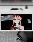 Cute-chaotic 32x16 inches desk mat in pale pink and midnight tones with bold crimson splatter.
