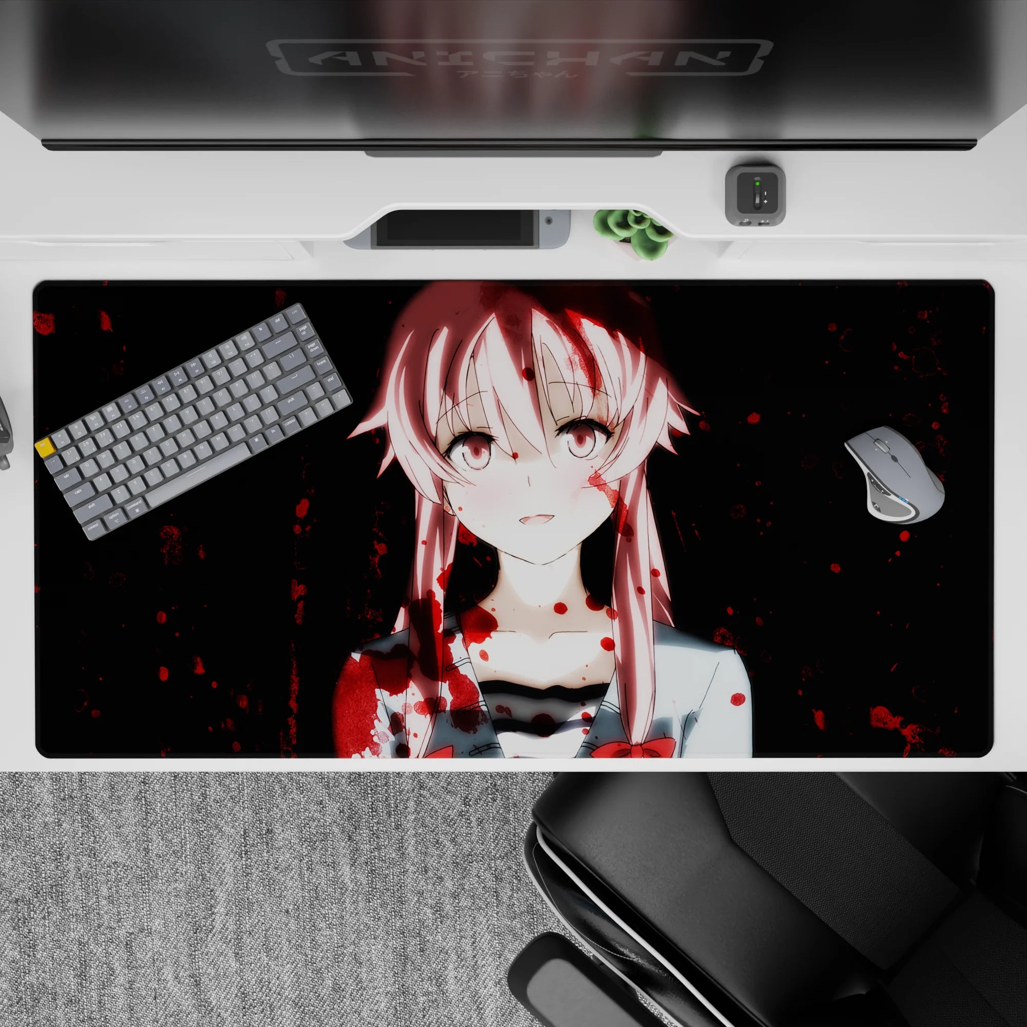 40x20 inches anime desk pad in soft pinks and deep midnight tones, cute-chaotic vibe with red splatter.