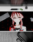 40x20 inches anime desk pad in soft pinks and deep midnight tones, cute-chaotic vibe with red splatter.