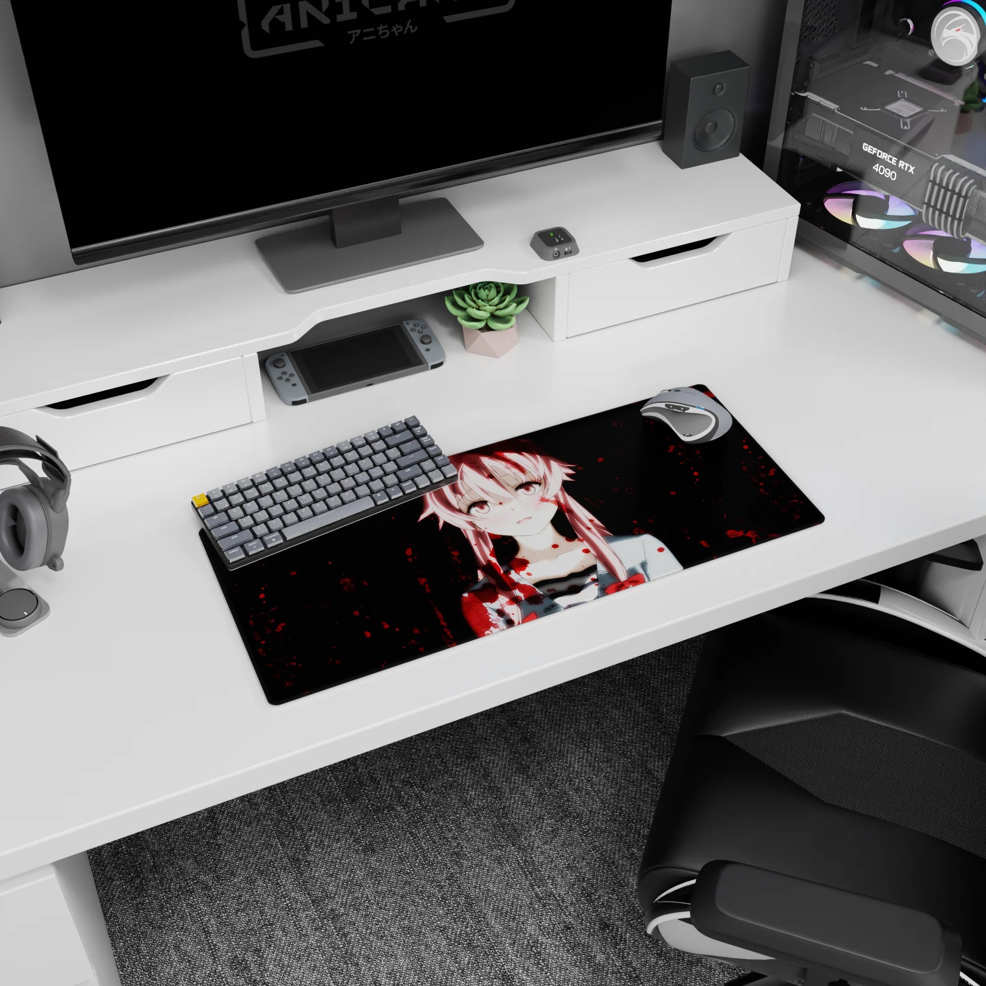 28x12 inches extended mouse pad showing a pink-haired anime girl staring forward with a tiny ribbon.