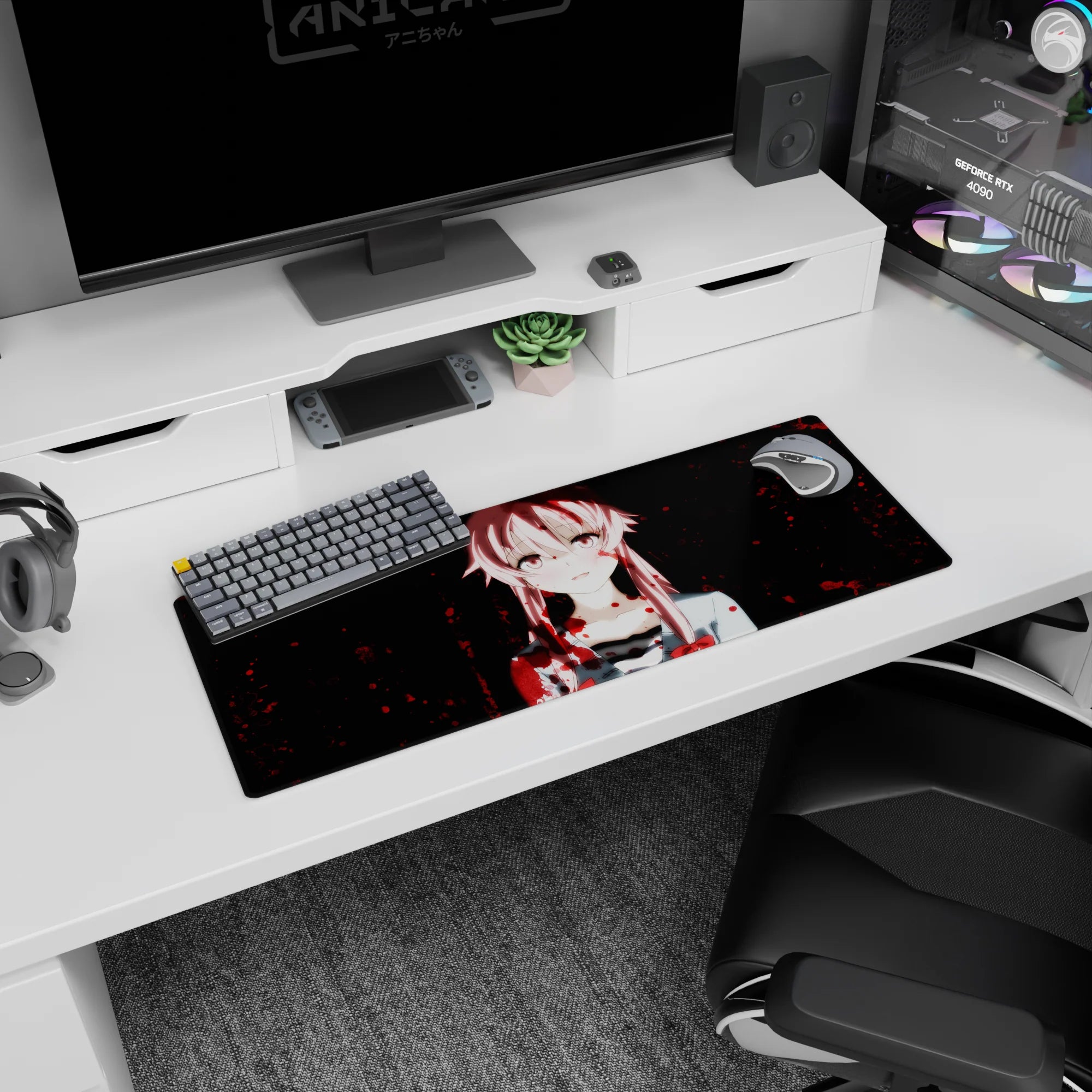 32x12 inches mouse pad featuring a pink-haired anime girl staring forward, sharp shadows, and blood-red splatter.